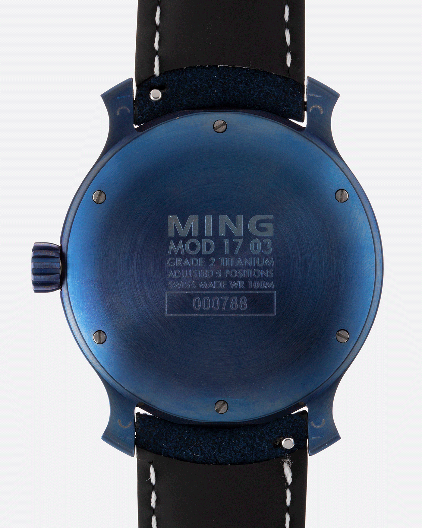 Brand: Ming Year: 2018 Model: 17.03 Material: Grade 2 Titanium Movement: Self-Winding Sellita SW 330-1 Case Diameter: 38mm Strap: Ming Blue Suede Strap and Grade 5 Ultra Blue Titanium Tang Buckle