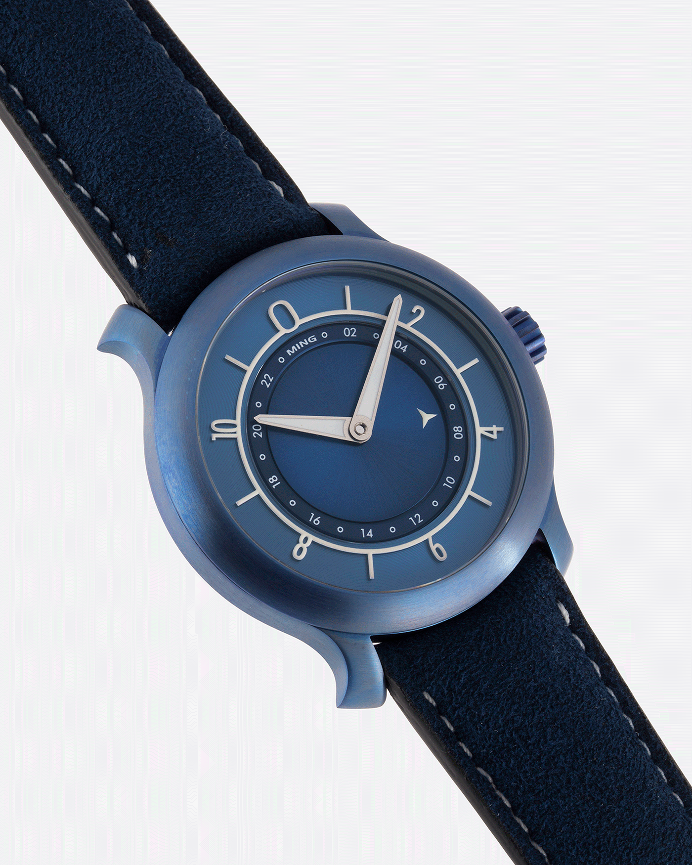 Brand: Ming Year: 2018 Model: 17.03 Material: Grade 2 Titanium Movement: Self-Winding Sellita SW 330-1 Case Diameter: 38mm Strap: Ming Blue Suede Strap and Grade 5 Ultra Blue Titanium Tang Buckle