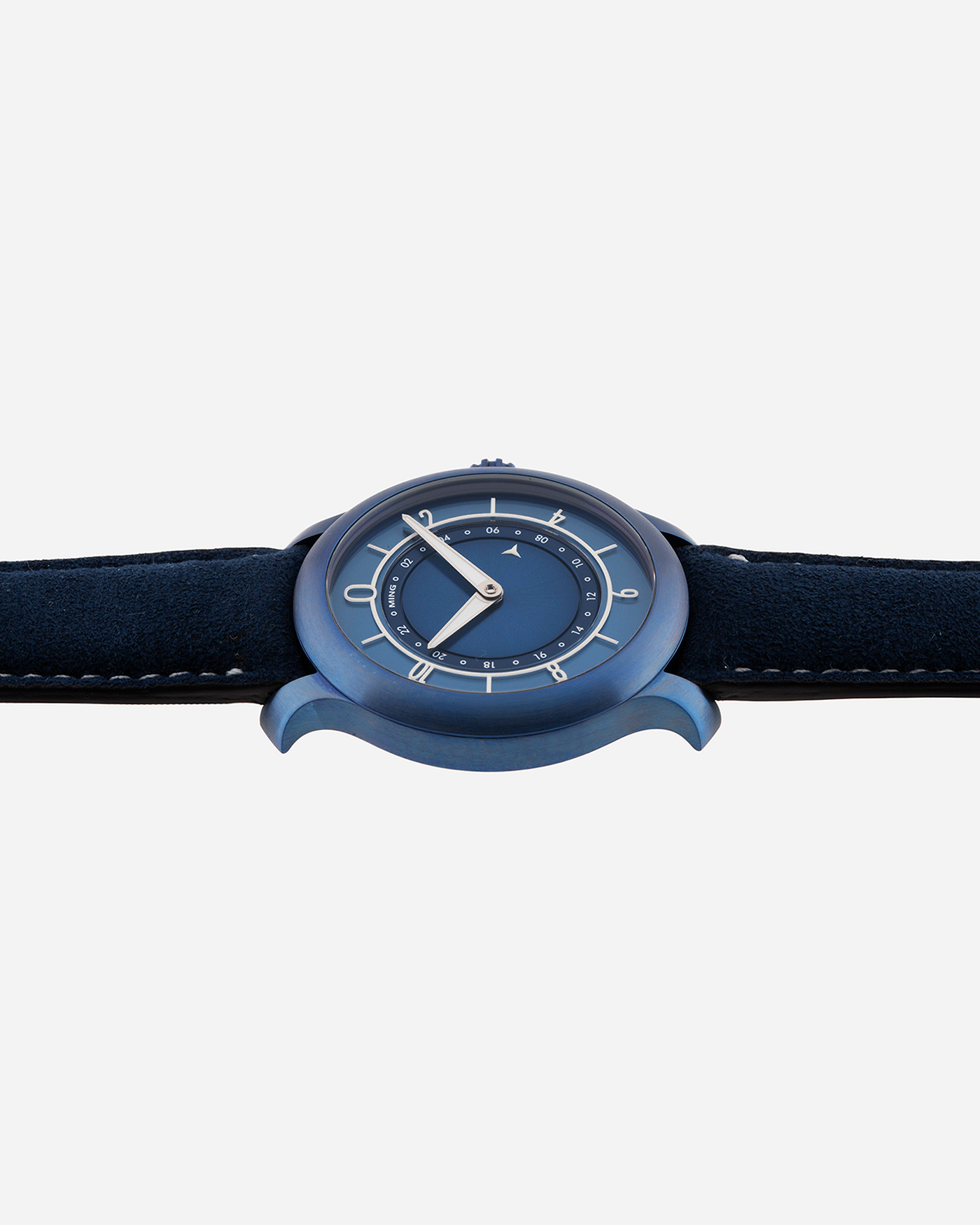 Brand: Ming Year: 2018 Model: 17.03 Material: Grade 2 Titanium Movement: Self-Winding Sellita SW 330-1 Case Diameter: 38mm Strap: Ming Blue Suede Strap and Grade 5 Ultra Blue Titanium Tang Buckle