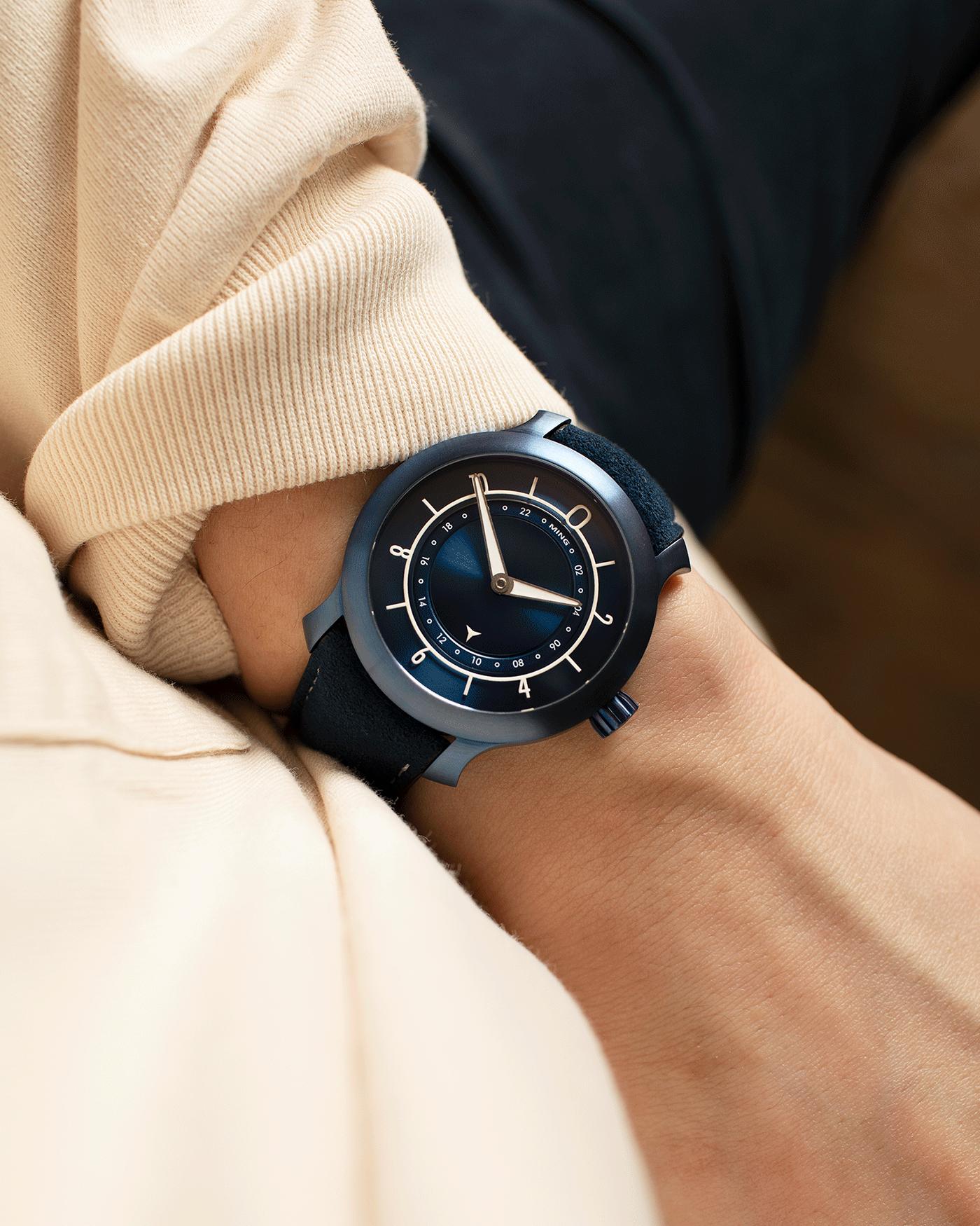 Brand: Ming Year: 2018 Model: 17.03 Material: Grade 2 Titanium Movement: Self-Winding Sellita SW 330-1 Case Diameter: 38mm Strap: Ming Blue Suede Strap and Grade 5 Ultra Blue Titanium Tang Buckle