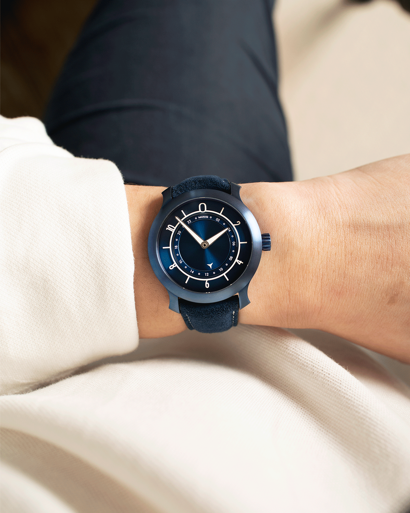 Brand: Ming Year: 2018 Model: 17.03 Material: Grade 2 Titanium Movement: Self-Winding Sellita SW 330-1 Case Diameter: 38mm Strap: Ming Blue Suede Strap and Grade 5 Ultra Blue Titanium Tang Buckle
