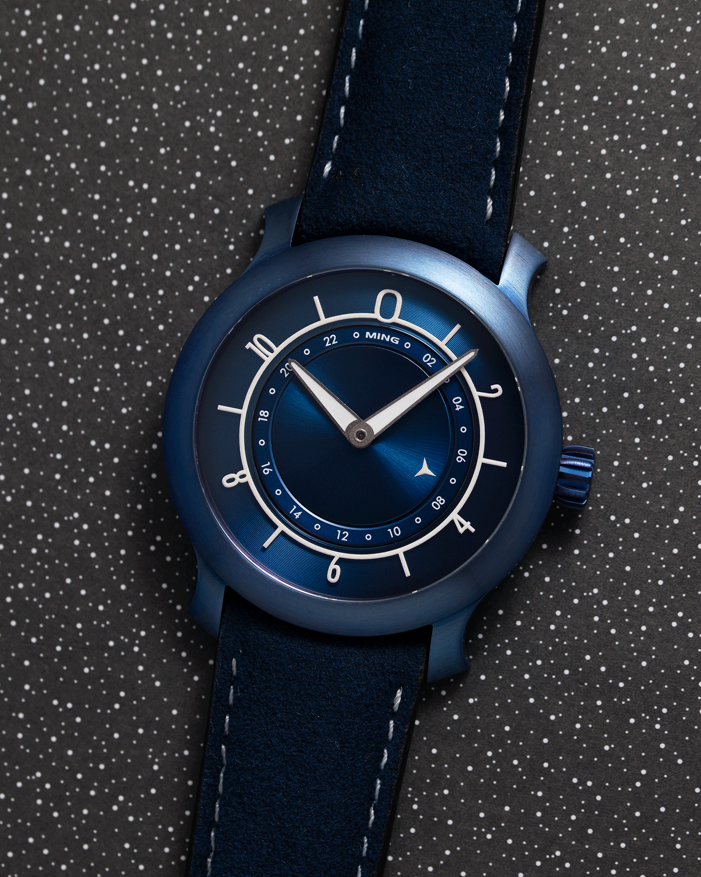 Brand: Ming Year: 2018 Model: 17.03 Material: Grade 2 Titanium Movement: Self-Winding Sellita SW 330-1 Case Diameter: 38mm Strap: Ming Blue Suede Strap and Grade 5 Ultra Blue Titanium Tang Buckle