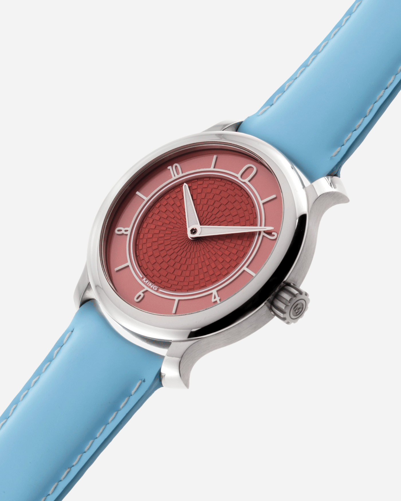 Brand: Ming Year: 2019 Model: 17.06 Material: Stainless Steel Movement: Heavily Modified ETA 2824-2 Case Diameter: 38mm Strap: Jean Rousseau Light Blue Watersafe Rubber for MING