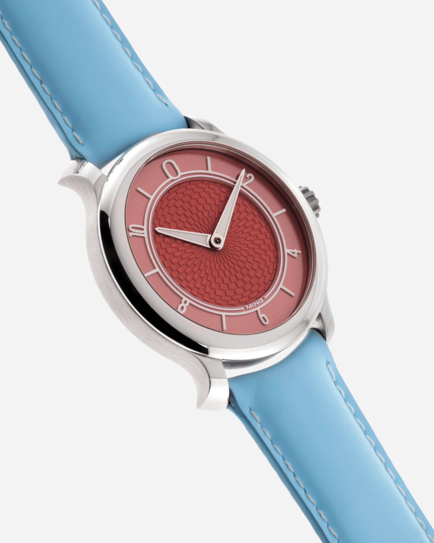 Brand: Ming Year: 2019 Model: 17.06 Material: Stainless Steel Movement: Heavily Modified ETA 2824-2 Case Diameter: 38mm Strap: Jean Rousseau Light Blue Watersafe Rubber for MING
