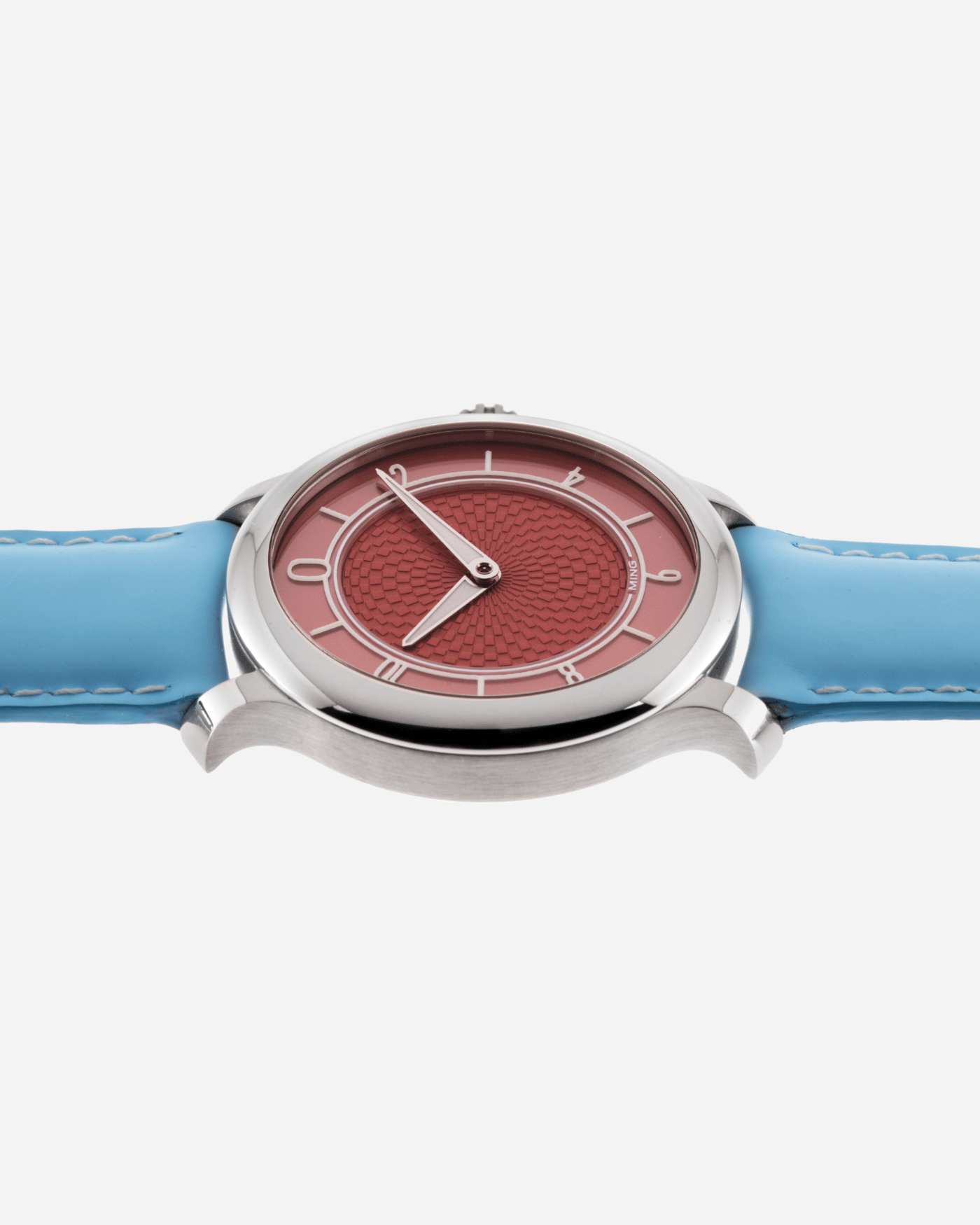 Brand: Ming Year: 2019 Model: 17.06 Material: Stainless Steel Movement: Heavily Modified ETA 2824-2 Case Diameter: 38mm Strap: Jean Rousseau Light Blue Watersafe Rubber for MING