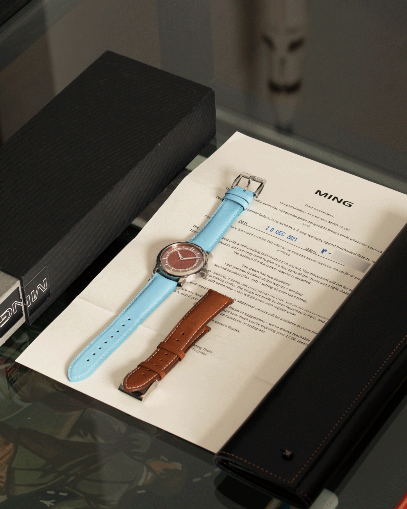 Brand: Ming Year: 2019 Model: 17.06 Material: Stainless Steel Movement: Heavily Modified ETA 2824-2 Case Diameter: 38mm Strap: Jean Rousseau Light Blue Watersafe Rubber for MING