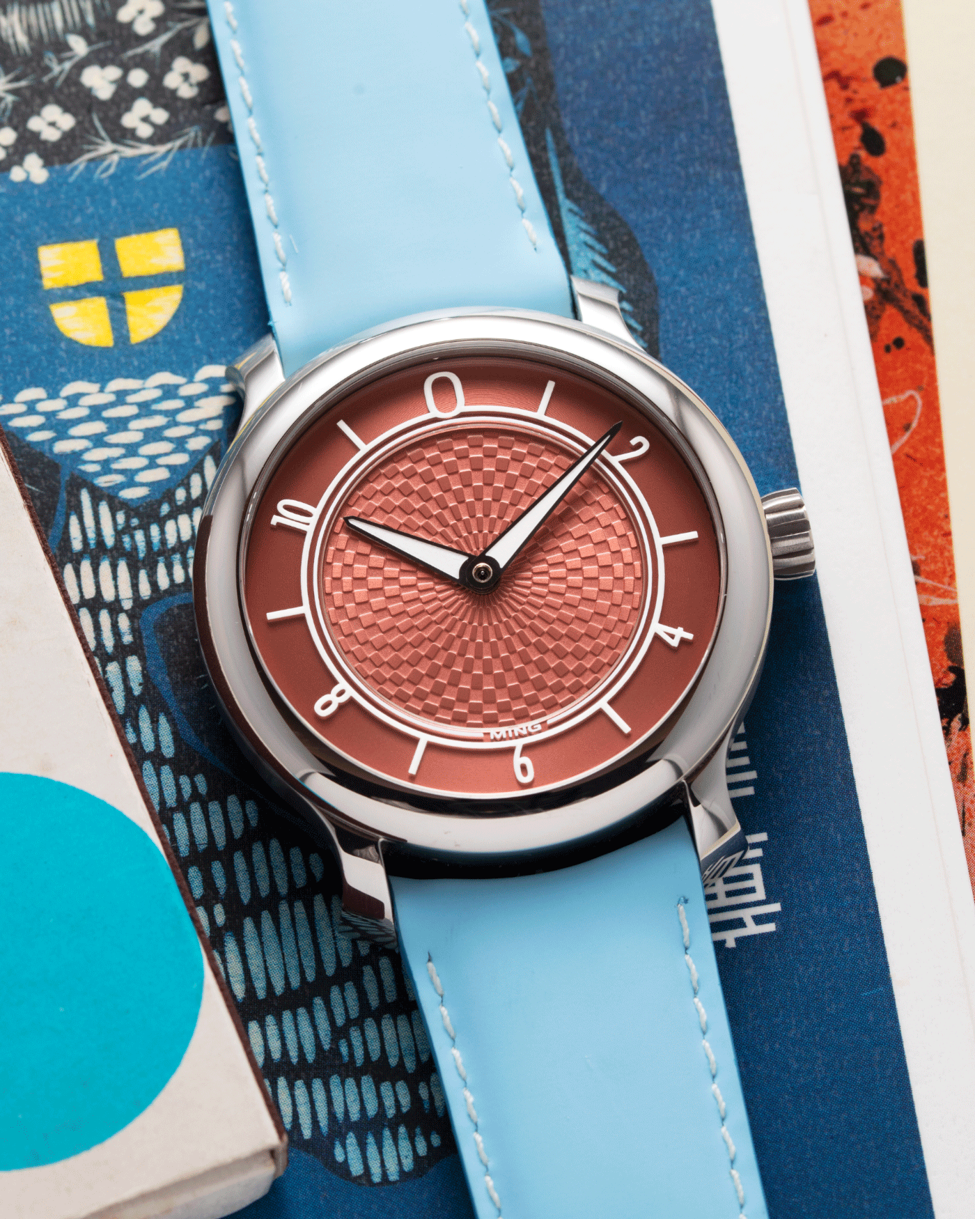 Brand: Ming Year: 2019 Model: 17.06 Material: Stainless Steel Movement: Heavily Modified ETA 2824-2 Case Diameter: 38mm Strap: Jean Rousseau Light Blue Watersafe Rubber for MING