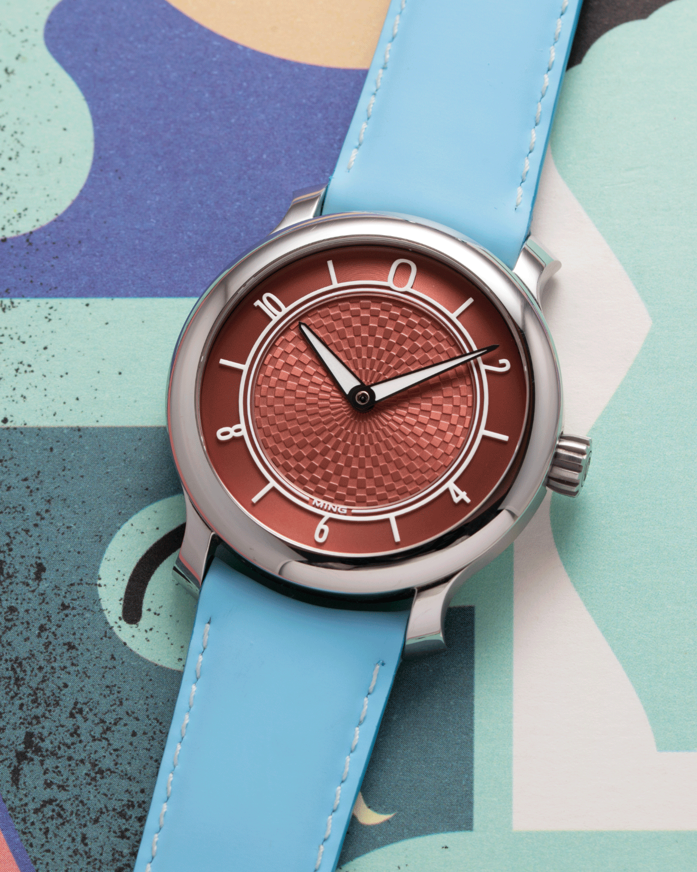 Brand: Ming Year: 2019 Model: 17.06 Material: Stainless Steel Movement: Heavily Modified ETA 2824-2 Case Diameter: 38mm Strap: Jean Rousseau Light Blue Watersafe Rubber for MING