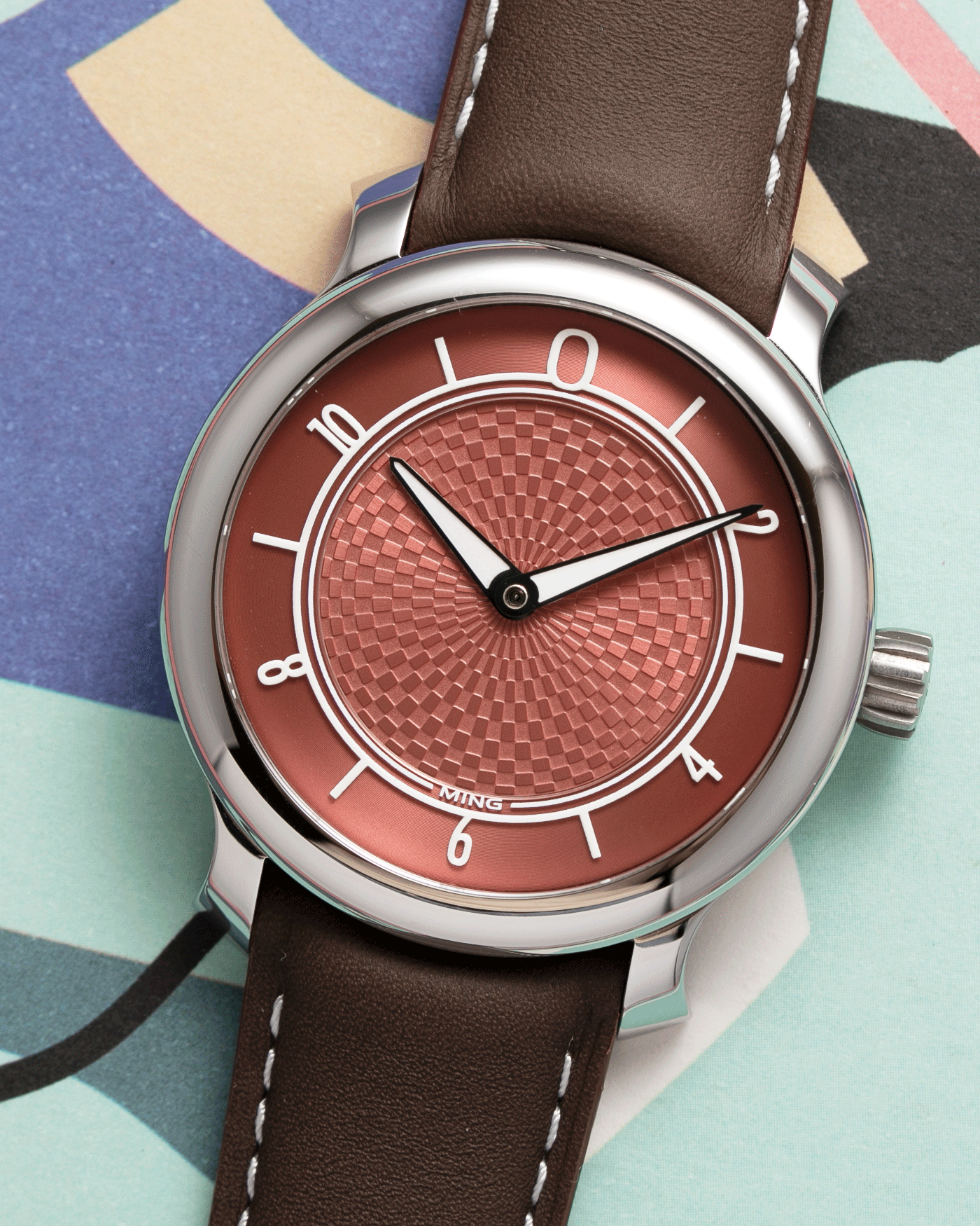 Brand: Ming Year: 2019 Model: 17.06 Material: Stainless Steel Movement: Heavily Modified ETA 2824-2 Case Diameter: 38mm Strap: Jean Rousseau Brown Smooth Calf for MING
