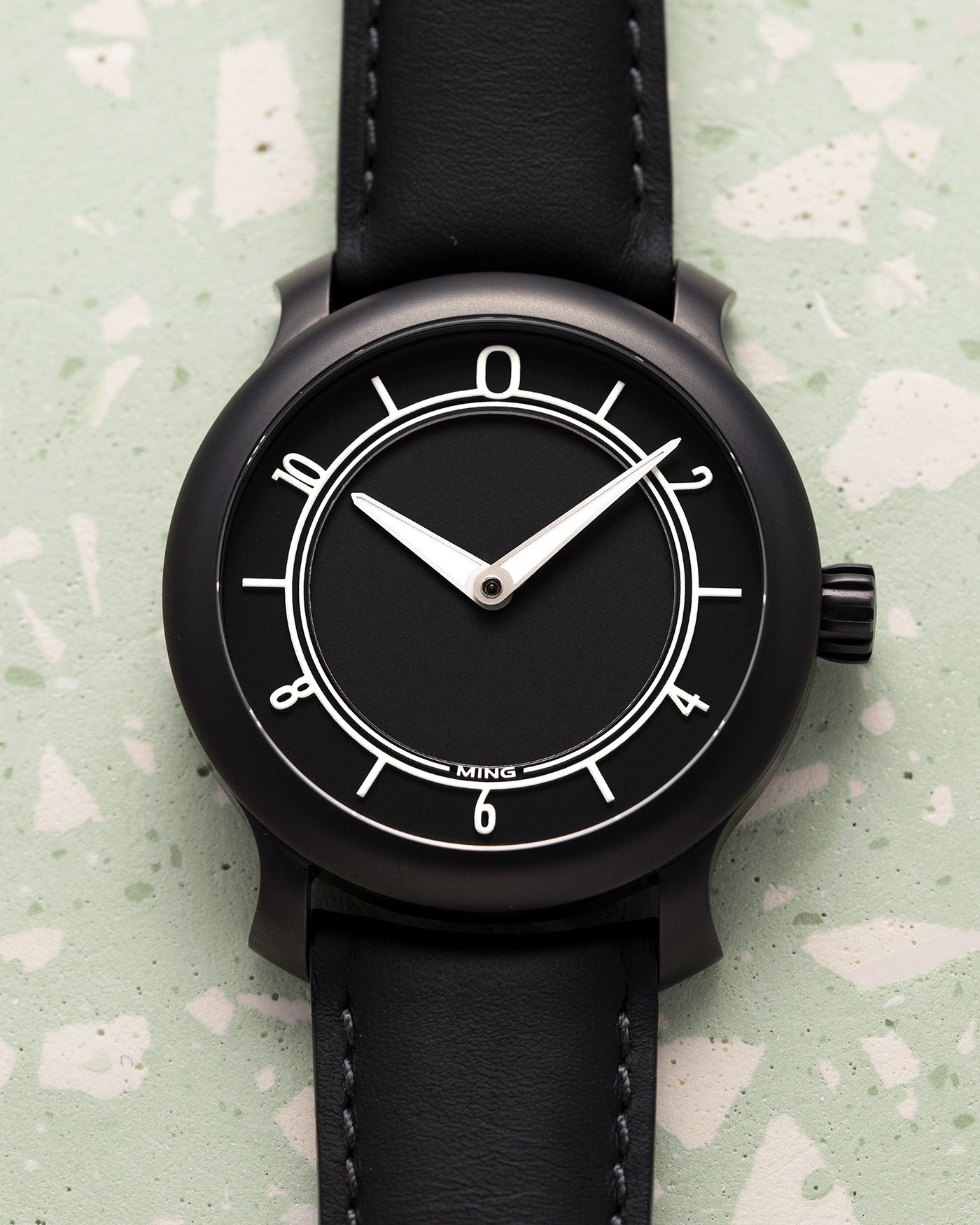 Brand: Ming Year: 2019 Model: 17.06 Monolith Material: Stainless Steel Movement: Heavily Modified ETA 2824-2 Case Diameter: 38mm Strap: Jean Rousseau Black Calf Strap for MING