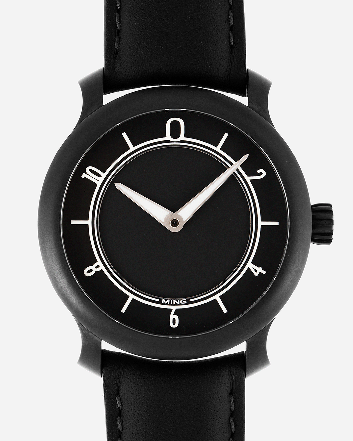 Brand: Ming Year: 2019 Model: 17.06 Monolith Material: Stainless Steel Movement: Heavily Modified ETA 2824-2 Case Diameter: 38mm Strap: Jean Rousseau Black Calf Strap for MING
