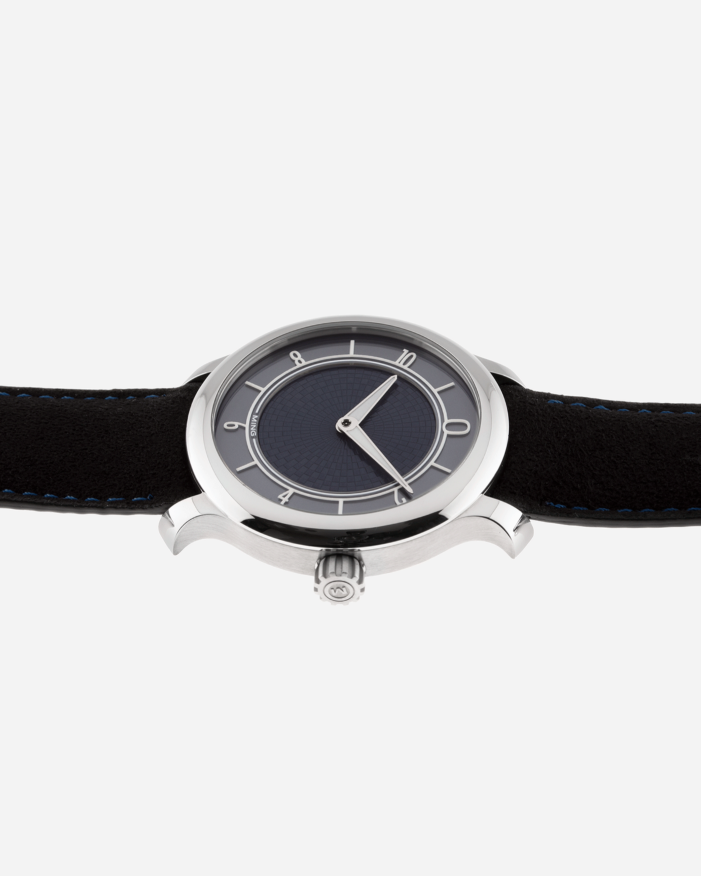 Brand: Ming Year: 2019 Model: 17.06 Material: Stainless Steel Movement: Heavily Modified ETA 2824-2 Case Diameter: 38mm Strap: Jean Rousseau Black Suede with Blue Stitching for MING