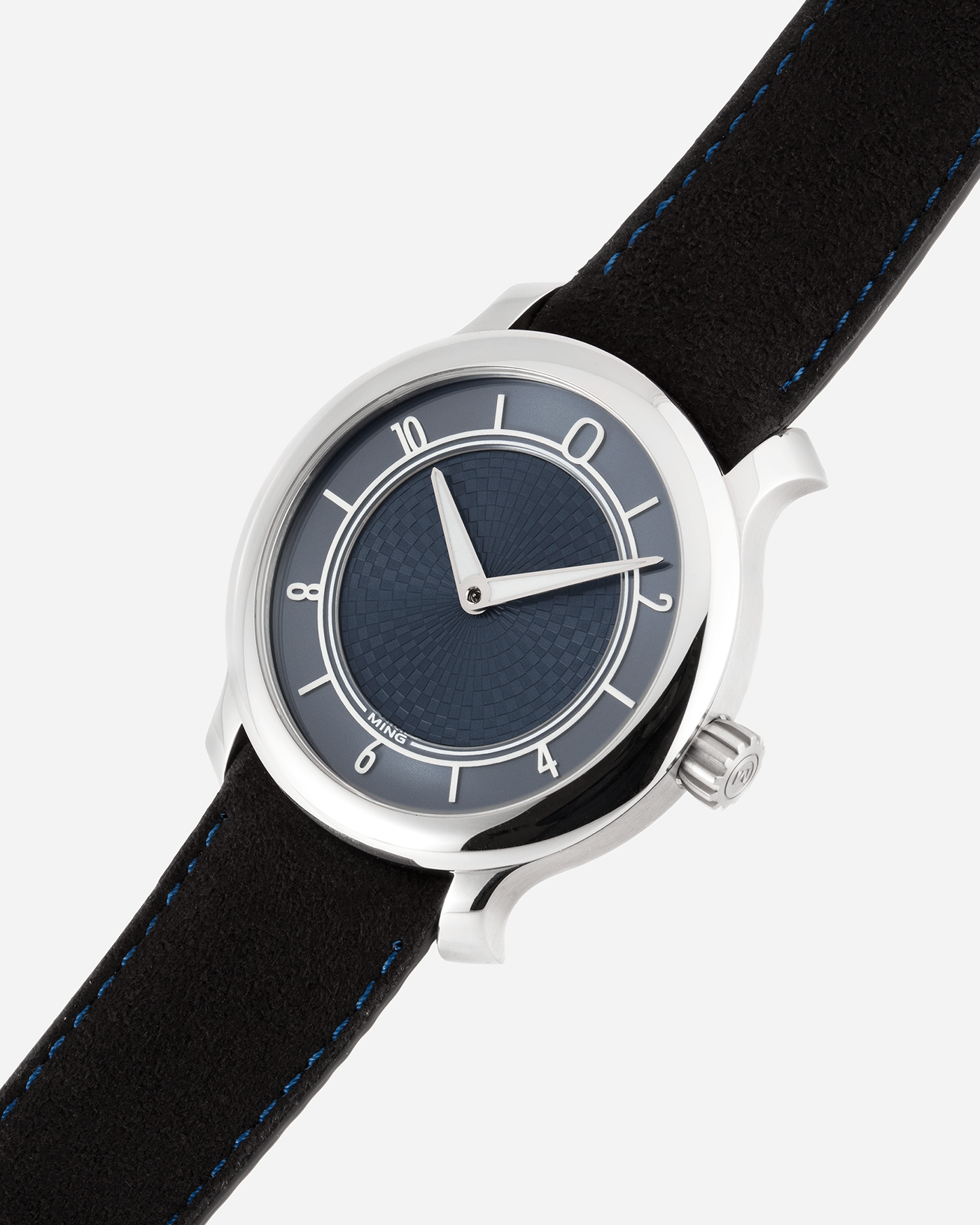 Brand: Ming Year: 2019 Model: 17.06 Material: Stainless Steel Movement: Heavily Modified ETA 2824-2 Case Diameter: 38mm Strap: Jean Rousseau Black Suede with Blue Stitching for MING