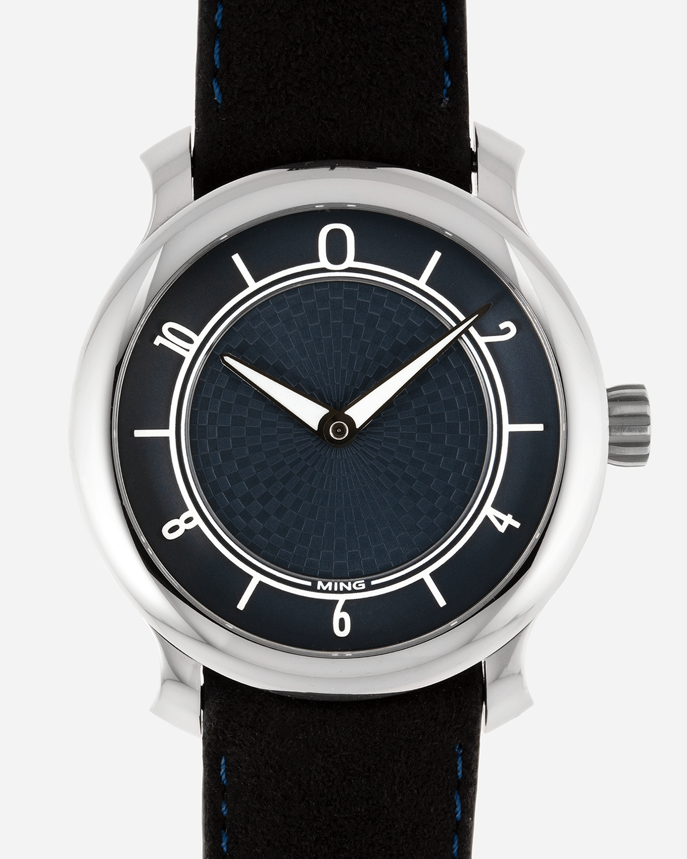 Brand: Ming Year: 2019 Model: 17.06 Material: Stainless Steel Movement: Heavily Modified ETA 2824-2 Case Diameter: 38mm Strap: Jean Rousseau Black Suede with Blue Stitching for MING