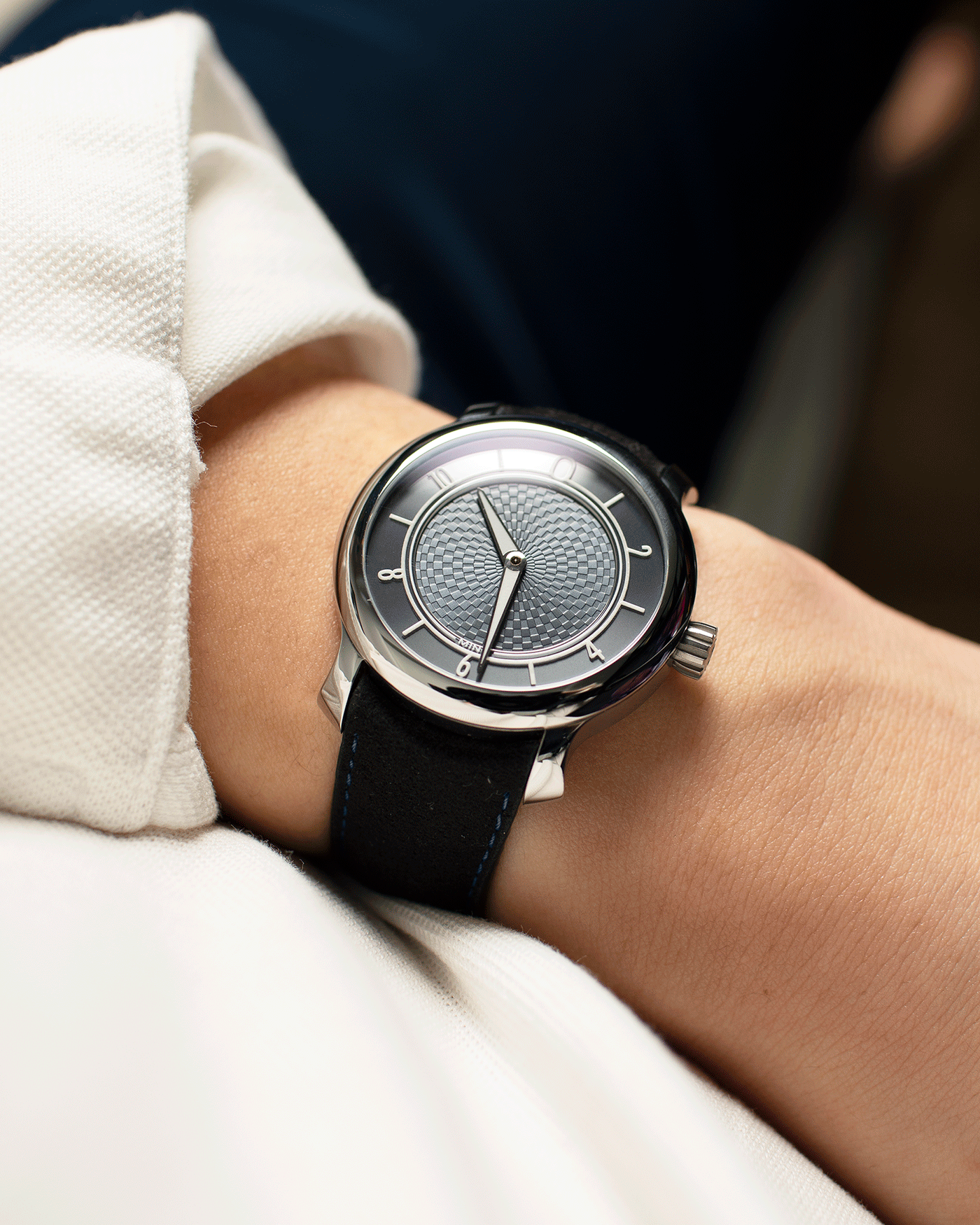 Brand: Ming Year: 2019 Model: 17.06 Material: Stainless Steel Movement: Heavily Modified ETA 2824-2 Case Diameter: 38mm Strap: Jean Rousseau Black Suede with Blue Stitching for MING