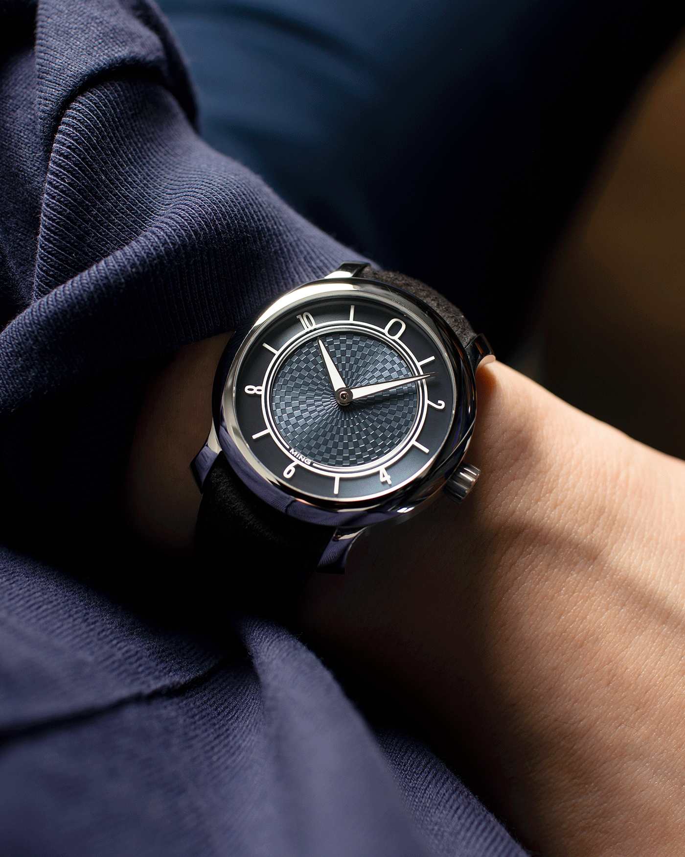 Brand: Ming Year: 2019 Model: 17.06 Material: Stainless Steel Movement: Heavily Modified ETA 2824-2 Case Diameter: 38mm Strap: Jean Rousseau Black Suede with Blue Stitching for MING