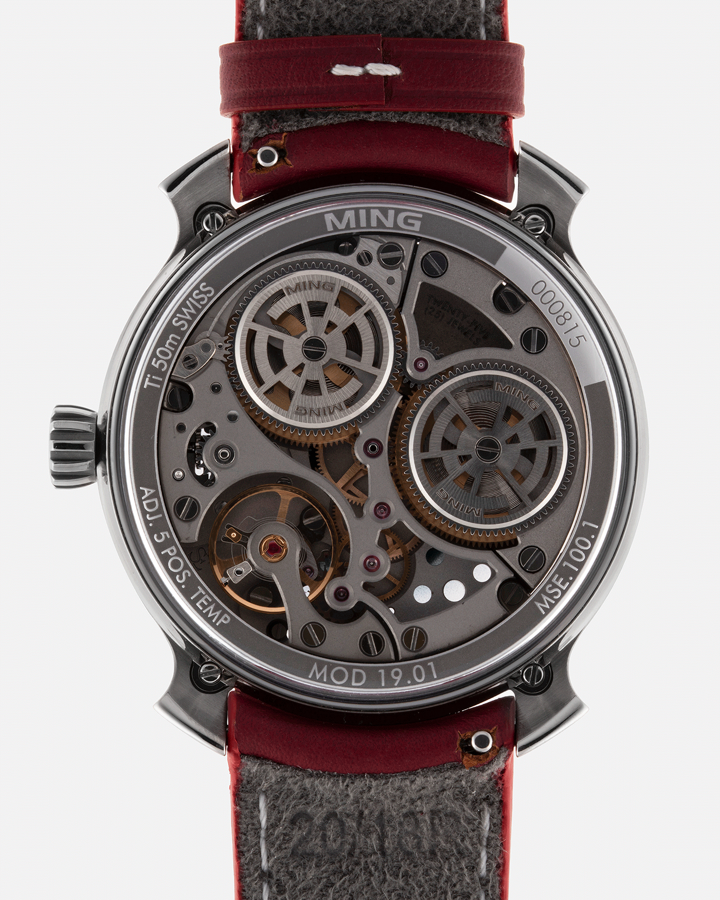 Brand: Ming Year: 2017 Model: 19.01 Material: Grade 5 Titanium Movement: Schwarz-Etienne for MING Cal. MSE100.1 Case Diameter: 39mm Strap: Ming / Jean Rousseau Red Leather Strap