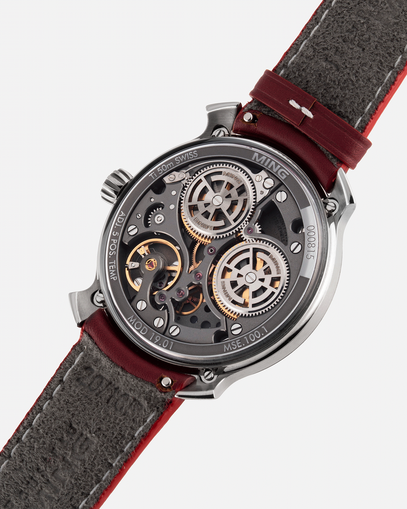 Brand: Ming Year: 2017 Model: 19.01 Material: Grade 5 Titanium Movement: Schwarz-Etienne for MING Cal. MSE100.1 Case Diameter: 39mm Strap: Ming / Jean Rousseau Red Leather Strap