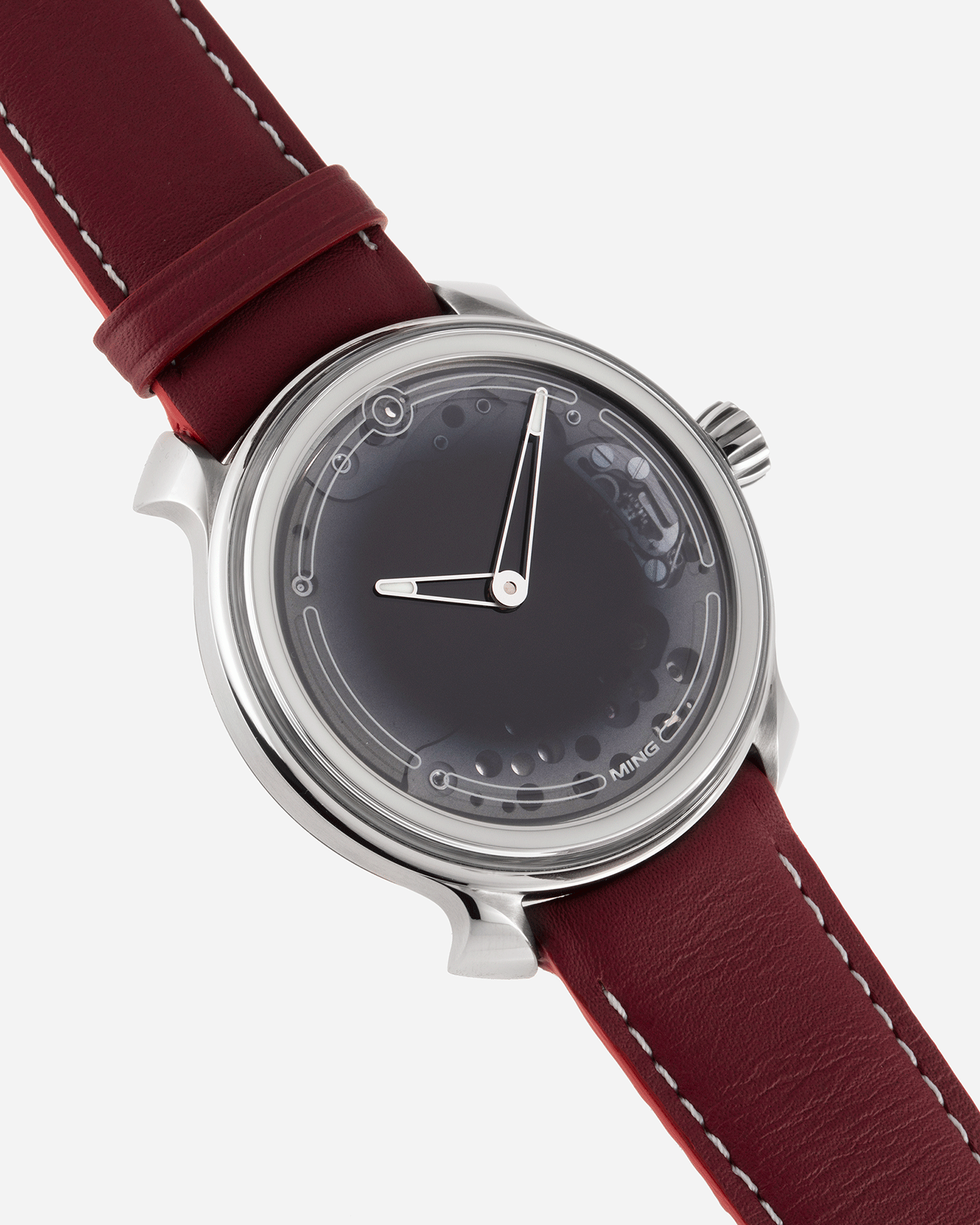Brand: Ming Year: 2017 Model: 19.01 Material: Grade 5 Titanium Movement: Schwarz-Etienne for MING Cal. MSE100.1 Case Diameter: 39mm Strap: Ming / Jean Rousseau Red Leather Strap