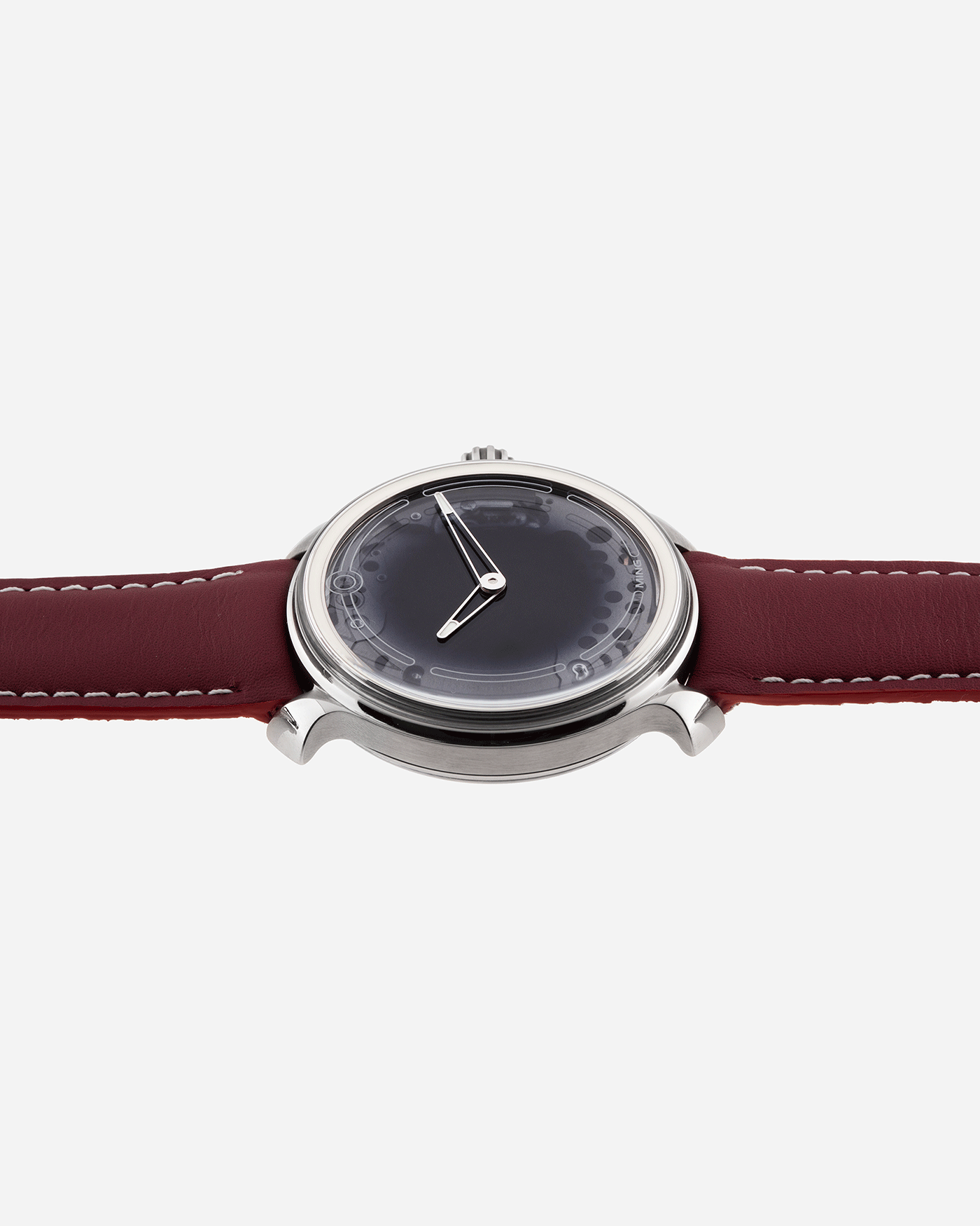 Brand: Ming Year: 2017 Model: 19.01 Material: Grade 5 Titanium Movement: Schwarz-Etienne for MING Cal. MSE100.1 Case Diameter: 39mm Strap: Ming / Jean Rousseau Red Leather Strap