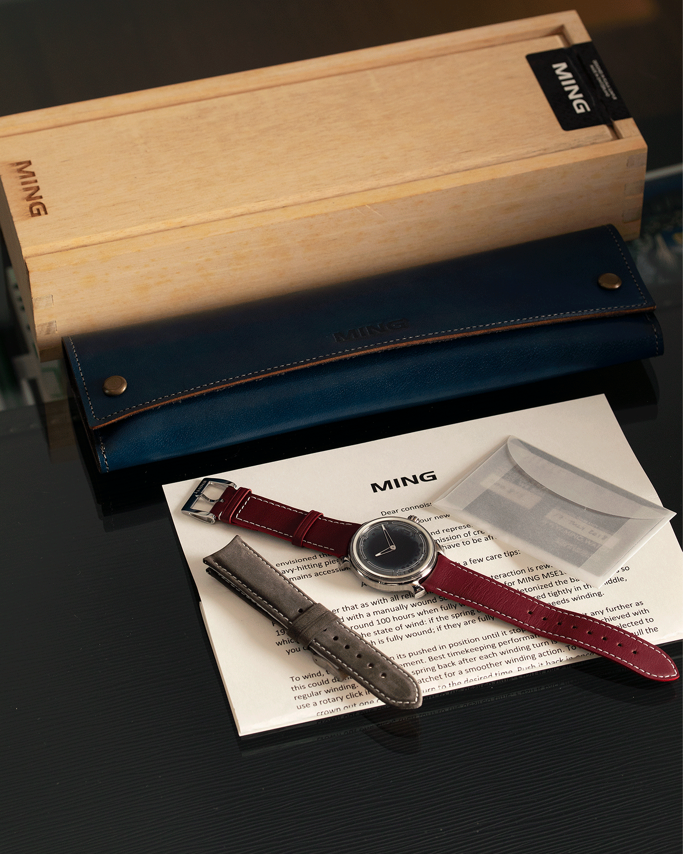 Brand: Ming Year: 2017 Model: 19.01 Material: Grade 5 Titanium Movement: Schwarz-Etienne for MING Cal. MSE100.1 Case Diameter: 39mm Strap: Ming / Jean Rousseau Red Leather Strap