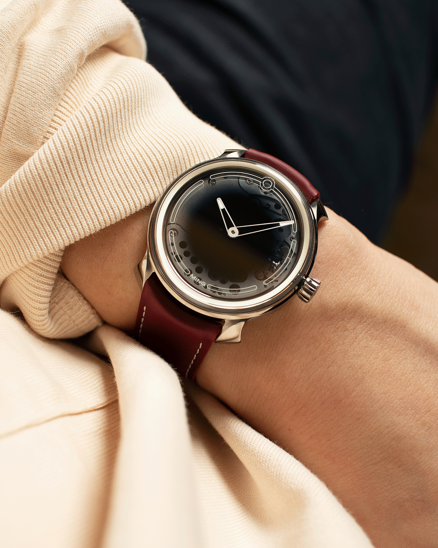 Brand: Ming Year: 2017 Model: 19.01 Material: Grade 5 Titanium Movement: Schwarz-Etienne for MING Cal. MSE100.1 Case Diameter: 39mm Strap: Ming / Jean Rousseau Red Leather Strap