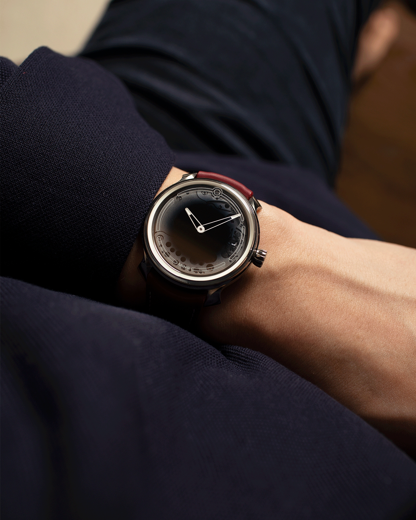 Brand: Ming Year: 2017 Model: 19.01 Material: Grade 5 Titanium Movement: Schwarz-Etienne for MING Cal. MSE100.1 Case Diameter: 39mm Strap: Ming / Jean Rousseau Red Leather Strap