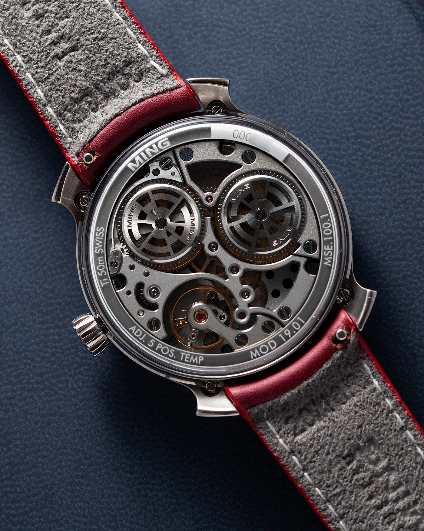 Brand: Ming Year: 2017 Model: 19.01 Material: Grade 5 Titanium Movement: Schwarz-Etienne for MING Cal. MSE100.1 Case Diameter: 39mm Strap: Ming / Jean Rousseau Red Leather Strap