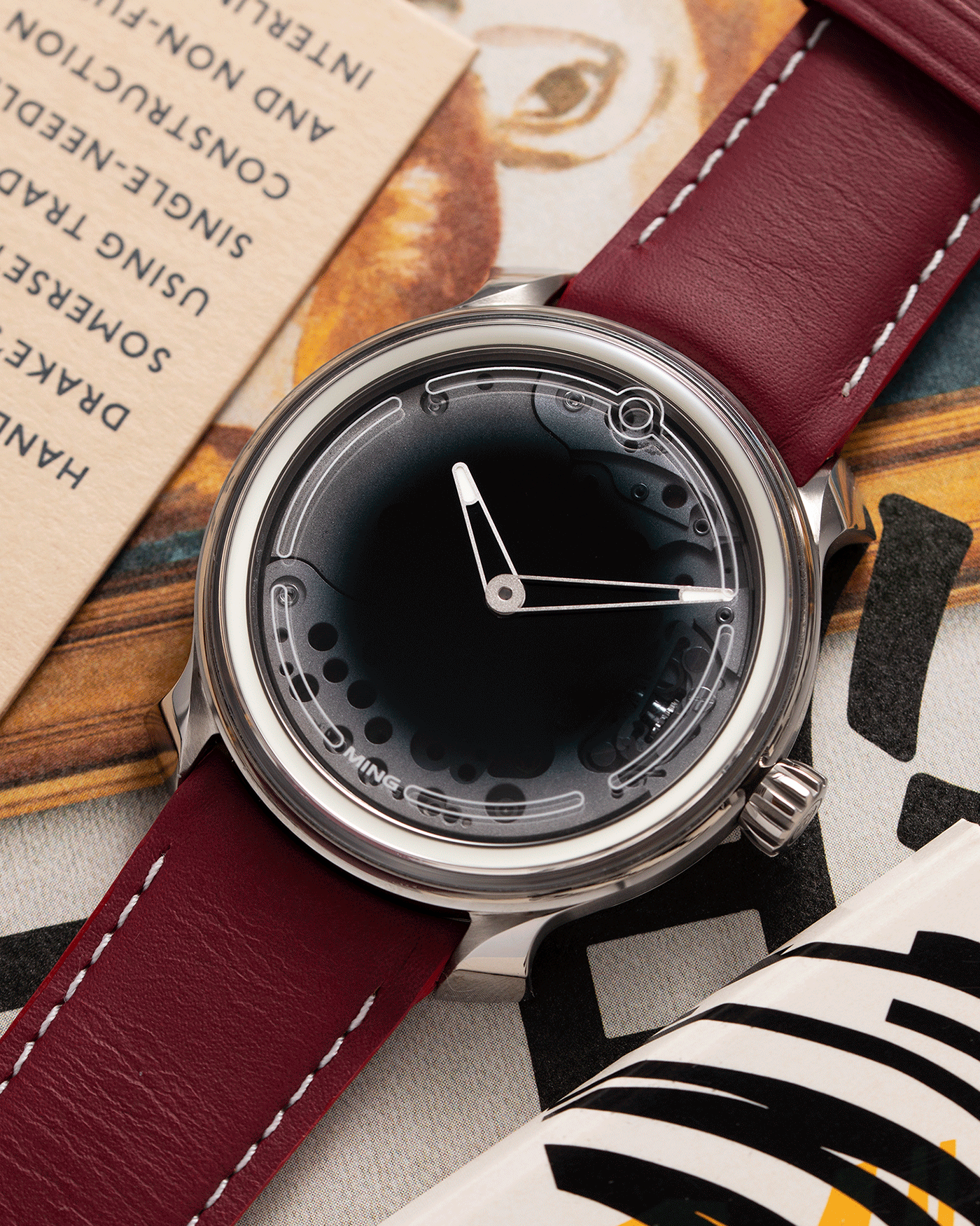 Brand: Ming Year: 2017 Model: 19.01 Material: Grade 5 Titanium Movement: Schwarz-Etienne for MING Cal. MSE100.1 Case Diameter: 39mm Strap: Ming / Jean Rousseau Red Leather Strap