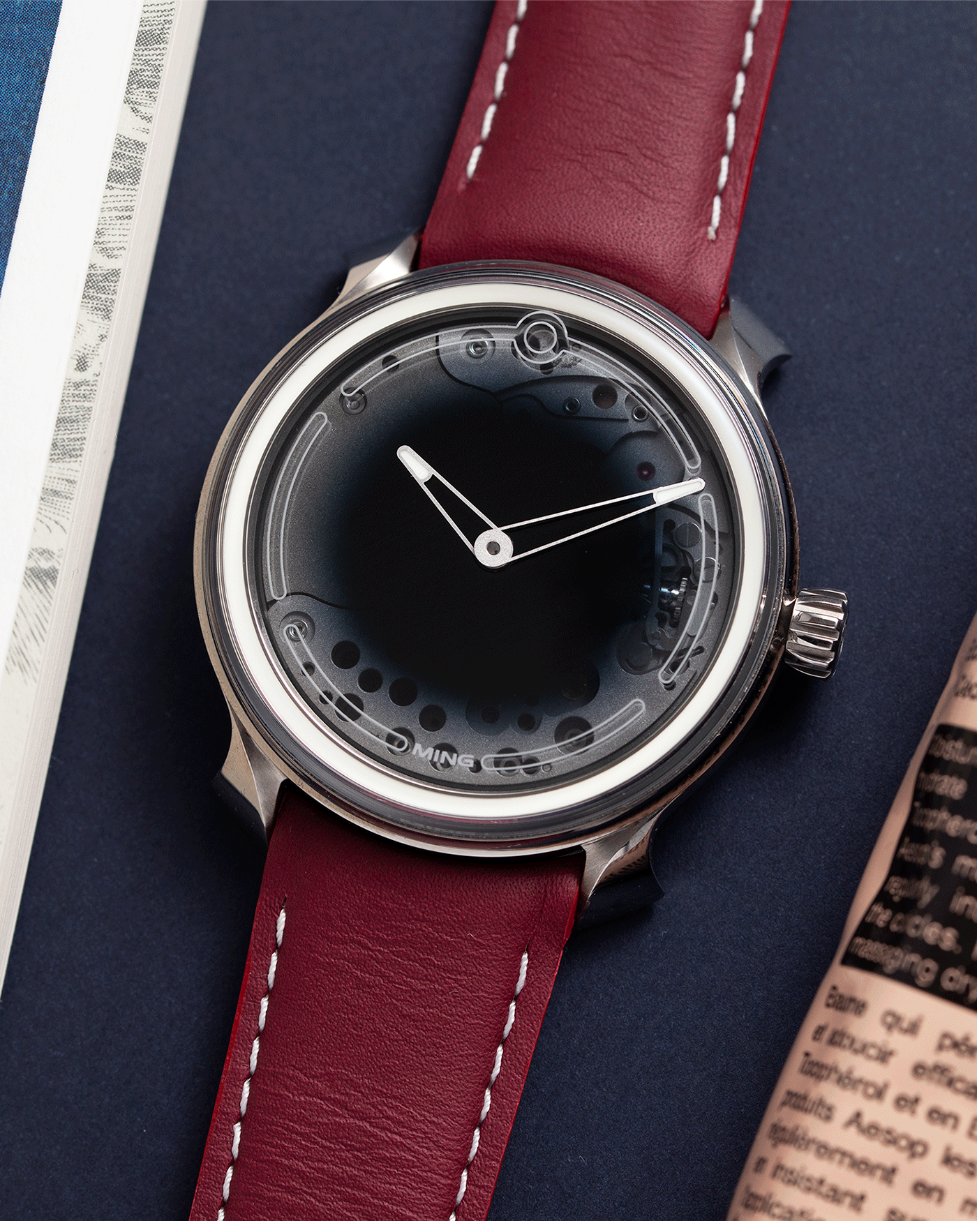 Brand: Ming Year: 2017 Model: 19.01 Material: Grade 5 Titanium Movement: Schwarz-Etienne for MING Cal. MSE100.1 Case Diameter: 39mm Strap: Ming / Jean Rousseau Red Leather StrapBrand: Ming Year: 2017 Model: 19.01 Material: Grade 5 Titanium Movement: Schwarz-Etienne for MING Cal. MSE100.1 Case Diameter: 39mm Strap: Ming / Jean Rousseau Red Leather Strap