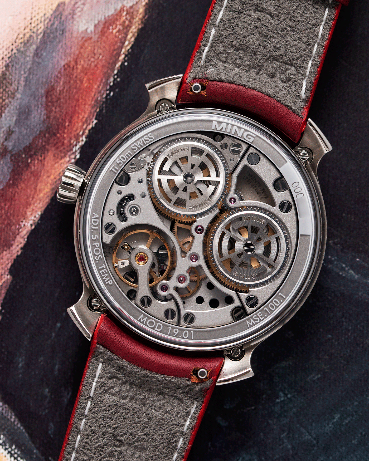 Brand: Ming Year: 2017 Model: 19.01 Material: Grade 5 Titanium Movement: Schwarz-Etienne for MING Cal. MSE100.1 Case Diameter: 39mm Strap: Ming / Jean Rousseau Red Leather Strap