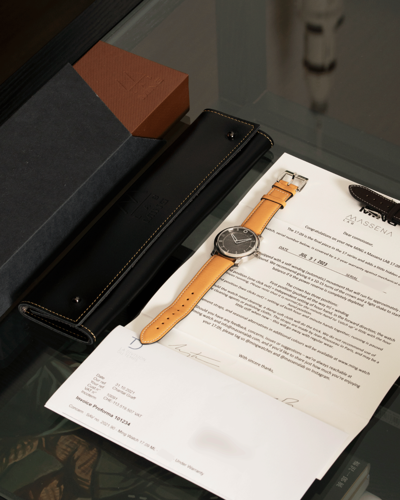 Brand: Ming Year: 2021 Model: 17.09 Material: Stainless Steel Movement: Sellita SW330-2 Case Diameter: 38mm Strap: Jean Rousseau Honey Calf for MING