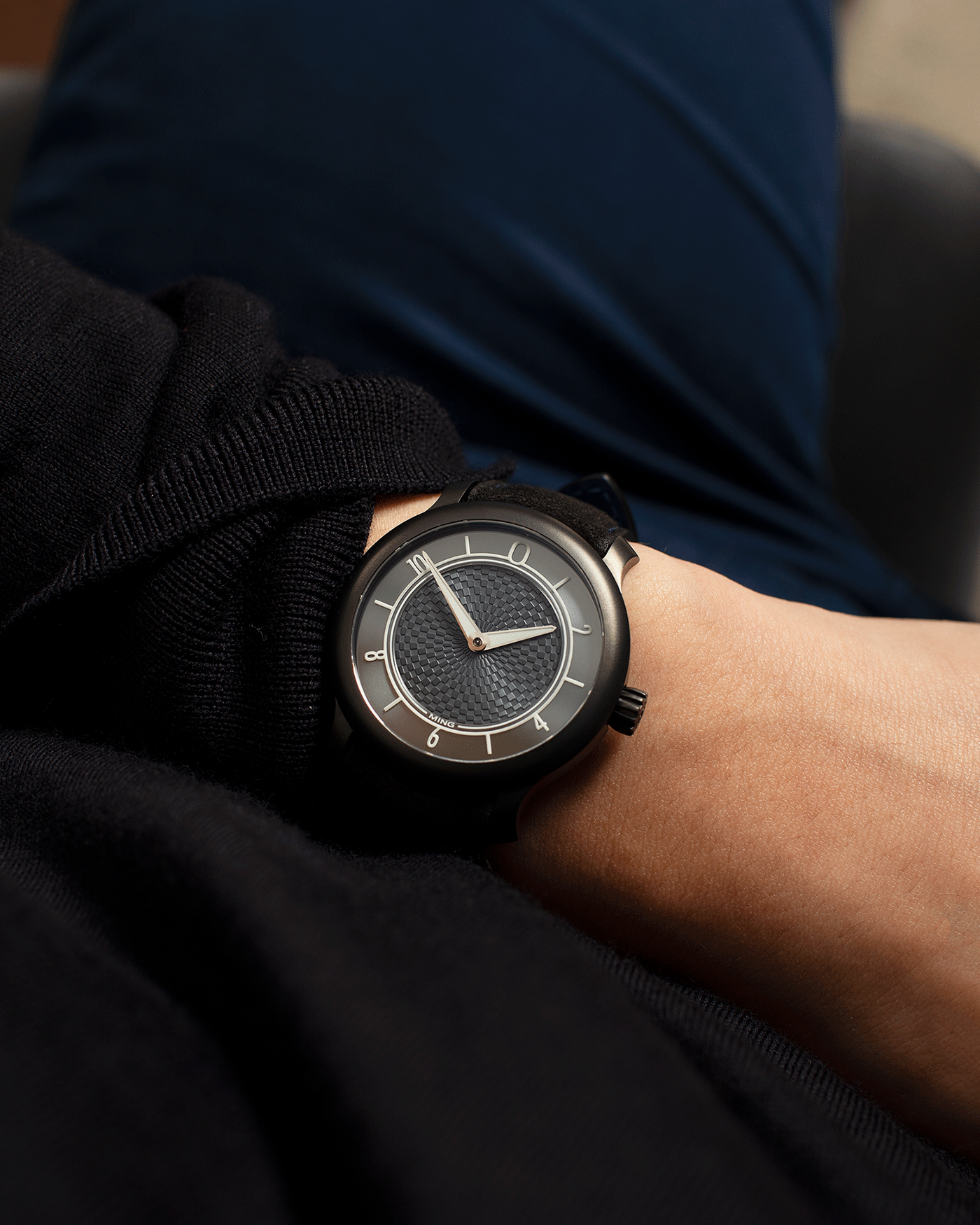 Brand: Ming Year: 2019 Model: 17.06 Special Caves Project Material: Stainless Steel Movement: Heavily Modified ETA 2824-2 Case Diameter: 38mm Strap: Jean Rousseau Black Suede with Blue Stitching for MING