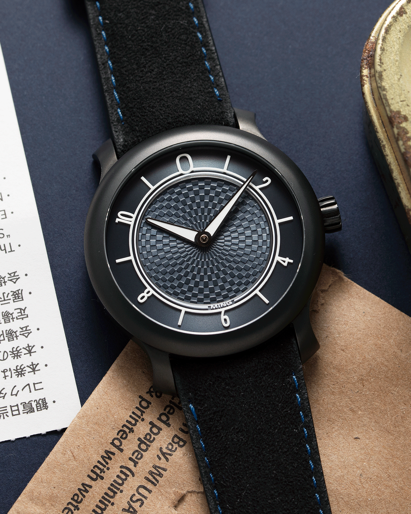 Brand: Ming Year: 2019 Model: 17.06 Special Caves Project Material: Stainless Steel Movement: Heavily Modified ETA 2824-2 Case Diameter: 38mm Strap: Jean Rousseau Black Suede with Blue Stitching for MING