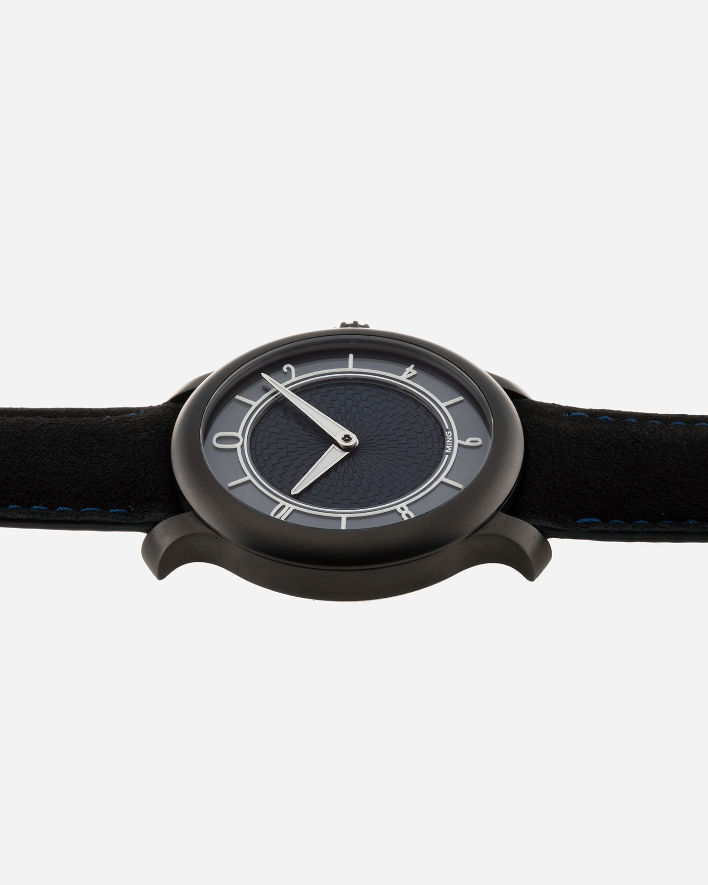 Brand: Ming Year: 2019 Model: 17.06 Special Caves Project Material: Stainless Steel Movement: Heavily Modified ETA 2824-2 Case Diameter: 38mm Strap: Jean Rousseau Black Suede with Blue Stitching for MING