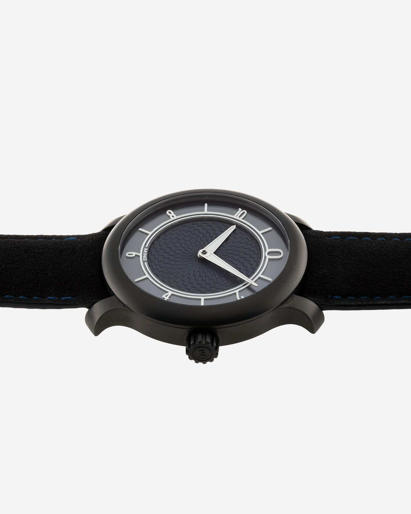 Brand: Ming Year: 2019 Model: 17.06 Special Caves Project Material: Stainless Steel Movement: Heavily Modified ETA 2824-2 Case Diameter: 38mm Strap: Jean Rousseau Black Suede with Blue Stitching for MING