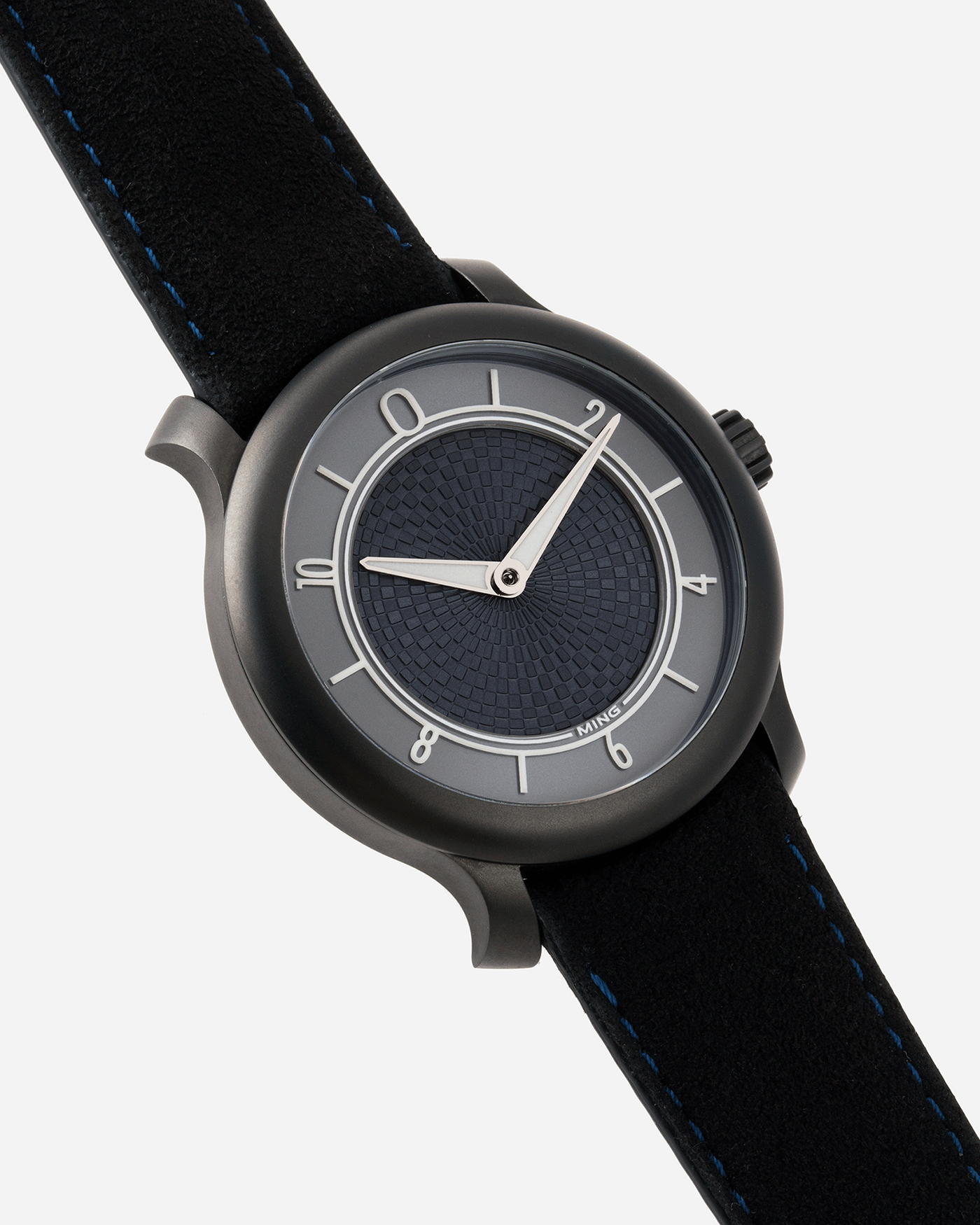 Brand: Ming Year: 2019 Model: 17.06 Special Caves Project Material: Stainless Steel Movement: Heavily Modified ETA 2824-2 Case Diameter: 38mm Strap: Jean Rousseau Black Suede with Blue Stitching for MING