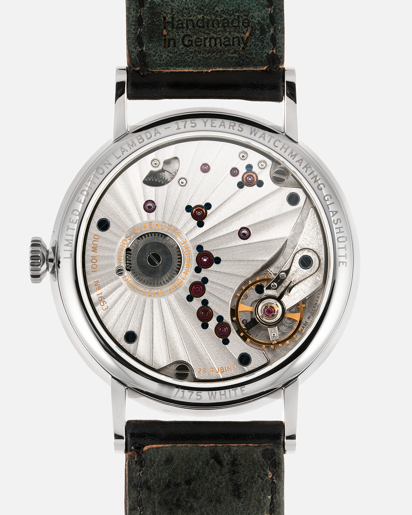 Brand: Nomos Year: 2020 Model: Lambda “175 Years Watchmaking Glashutte” Material: Stainless Steel Movement: Nomos DUW 1001 Case Diameter: 40.5mm Bracelet/Strap: Nomos Black Horween Shell Cordovan with Stainless Steel Tang Buckle