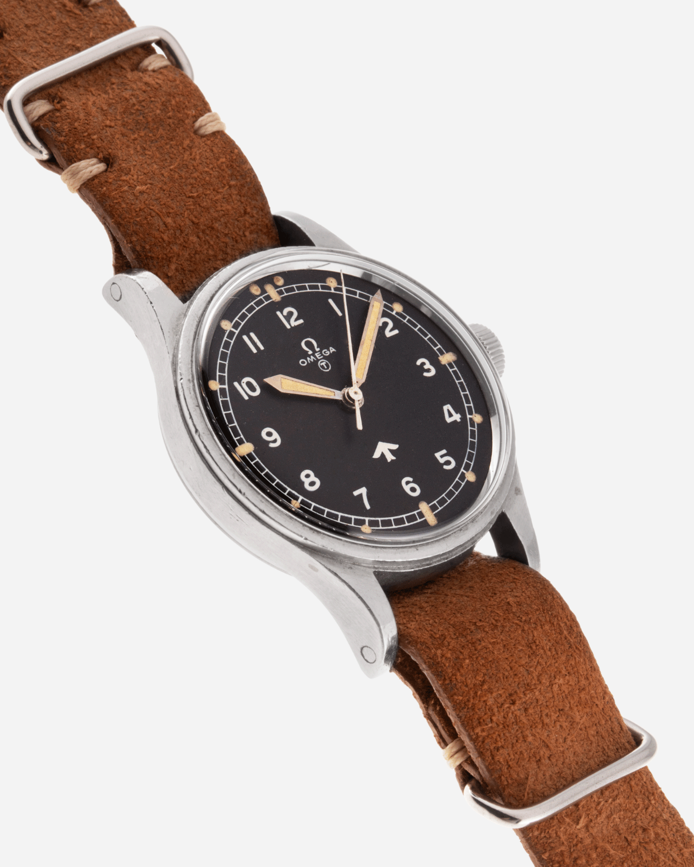 Brand: Omega Year: 1953 Model: Fat Arrow 53 Reference Number: CK 2777-1 Material: Stainless Steel Movement: ‘Specially Adjusted’ Cal. 283 Case Diameter: 37mm Lug Width: 18mm Bracelet/Strap: JPM X S.Song Sand Brown Distressed Leather NATO