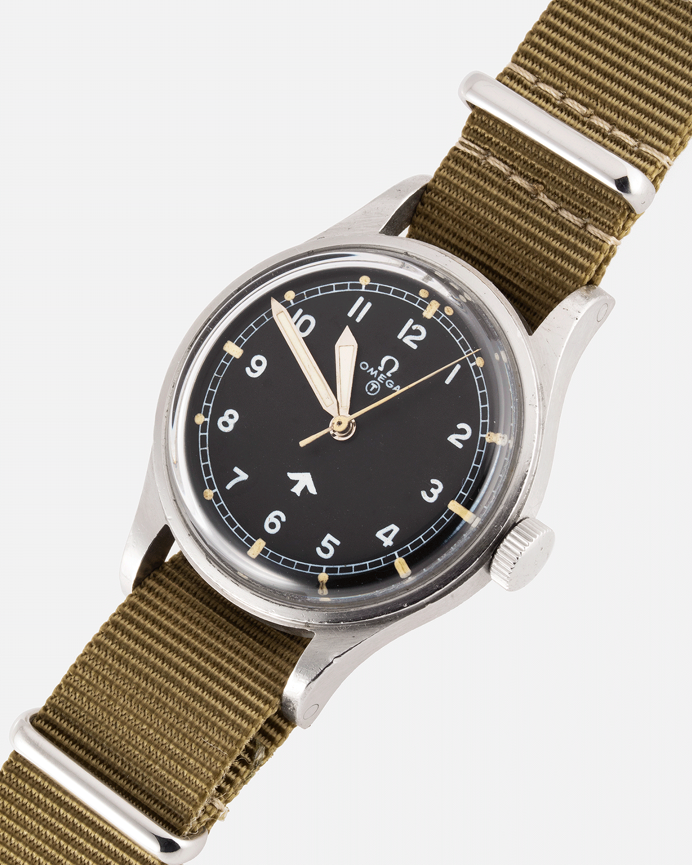 Brand: Omega Year: 1953 Model: Fat Arrow 53 Reference Number: CK 2777-1 Material: Stainless Steel Movement: ‘Specially Adjusted’ Cal. 283 Case Diameter: 37mm Lug Width: 18mm Bracelet/Strap: Green Fabric NATO