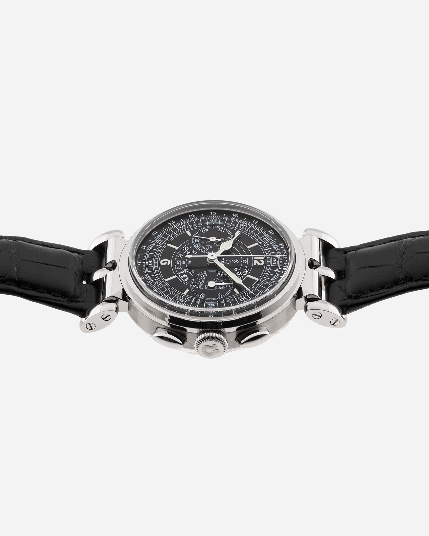 Brand: Omega Year: 2009 Model: Milestone Museum Collection 1941 Officer’s Chronograph Material: 18k White Gold Movement: Manual Winding Omega in-house 3203 Case Diameter: 38.1mm wide 12mm thick Strap: Black Omega Alligator Strap with 18k White Gold Omega Tang Buckle