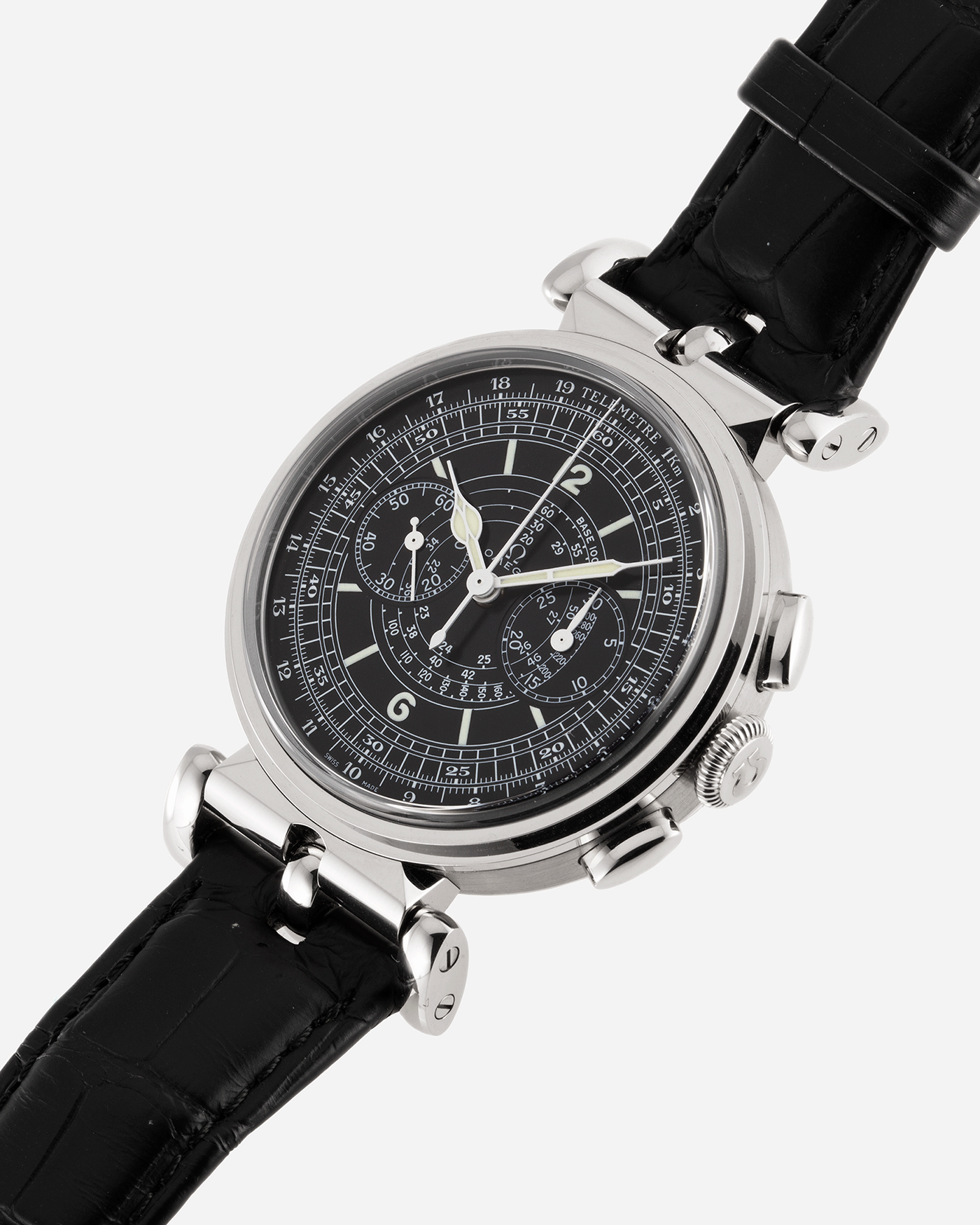 Brand: Omega Year: 2009 Model: Milestone Museum Collection 1941 Officer’s Chronograph Material: 18k White Gold Movement: Manual Winding Omega in-house 3203 Case Diameter: 38.1mm wide 12mm thick Strap: Black Omega Alligator Strap with 18k White Gold Omega Tang Buckle