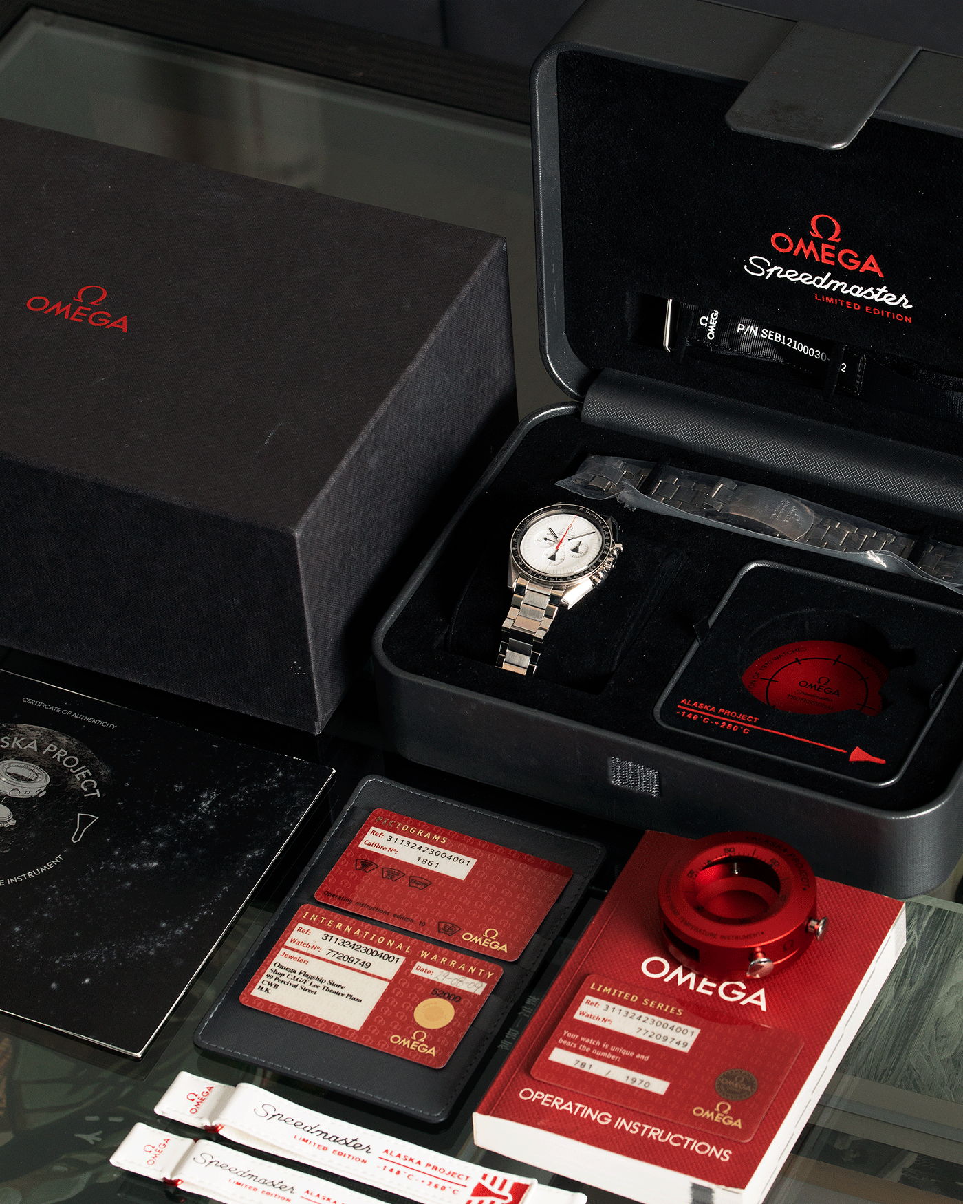 Brand: Omega Year: 2009 Model: Speedmaster Professional Alaska Project Material: Stainless Steel Movement: Omega in-house Cal. 1861 Case Diameter: 42mm Bracelet/Strap: Forstner Stainless Steel Flat Link Bracelet, Omega Stainless Steel Bracelet, Omega Alaska Project Straps