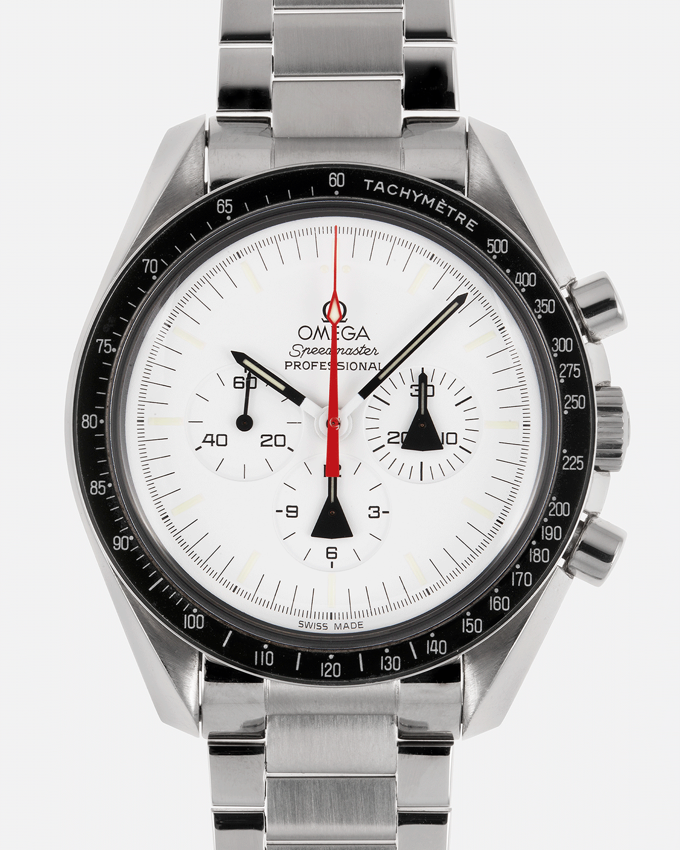 Brand: Omega Year: 2009 Model: Speedmaster Professional Alaska Project Material: Stainless Steel Movement: Omega in-house Cal. 1861 Case Diameter: 42mm Bracelet/Strap: Forstner Stainless Steel Flat Link Bracelet, Omega Stainless Steel Bracelet, Omega Alaska Project Straps
