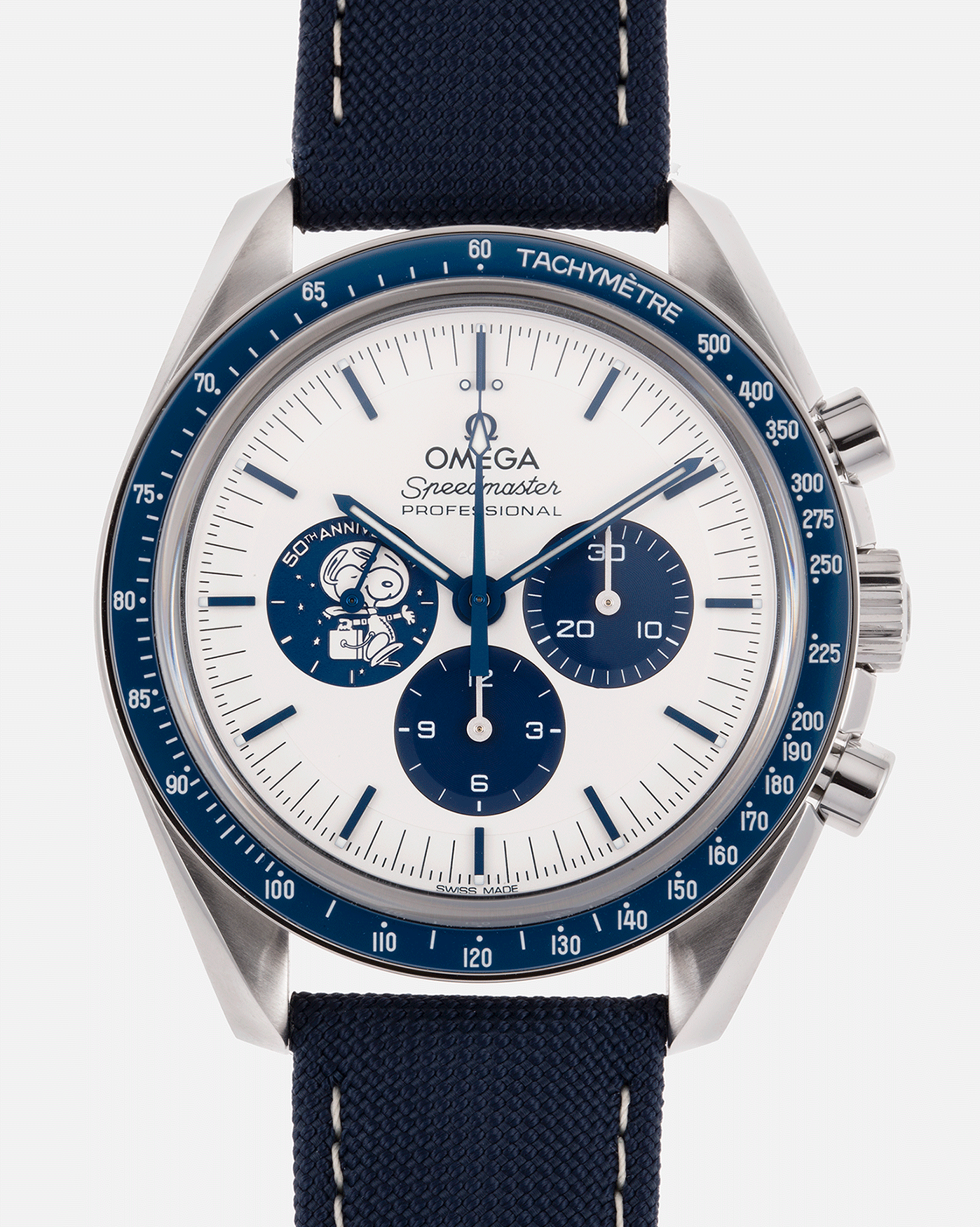 Brand: Omega Year: 2021 Model: Speedmaster Silver Snoopy Award 50th Anniversary Reference Number: 310.32.42.50.02.001 Material: Stainless Steel Movement: Omega in-house Cal. 3861 Case Diameter: 42mm Bracelet/Strap: Omega Blue Coated Nylon Fabric Strap with Omega Stainless Steel Tang Buckle