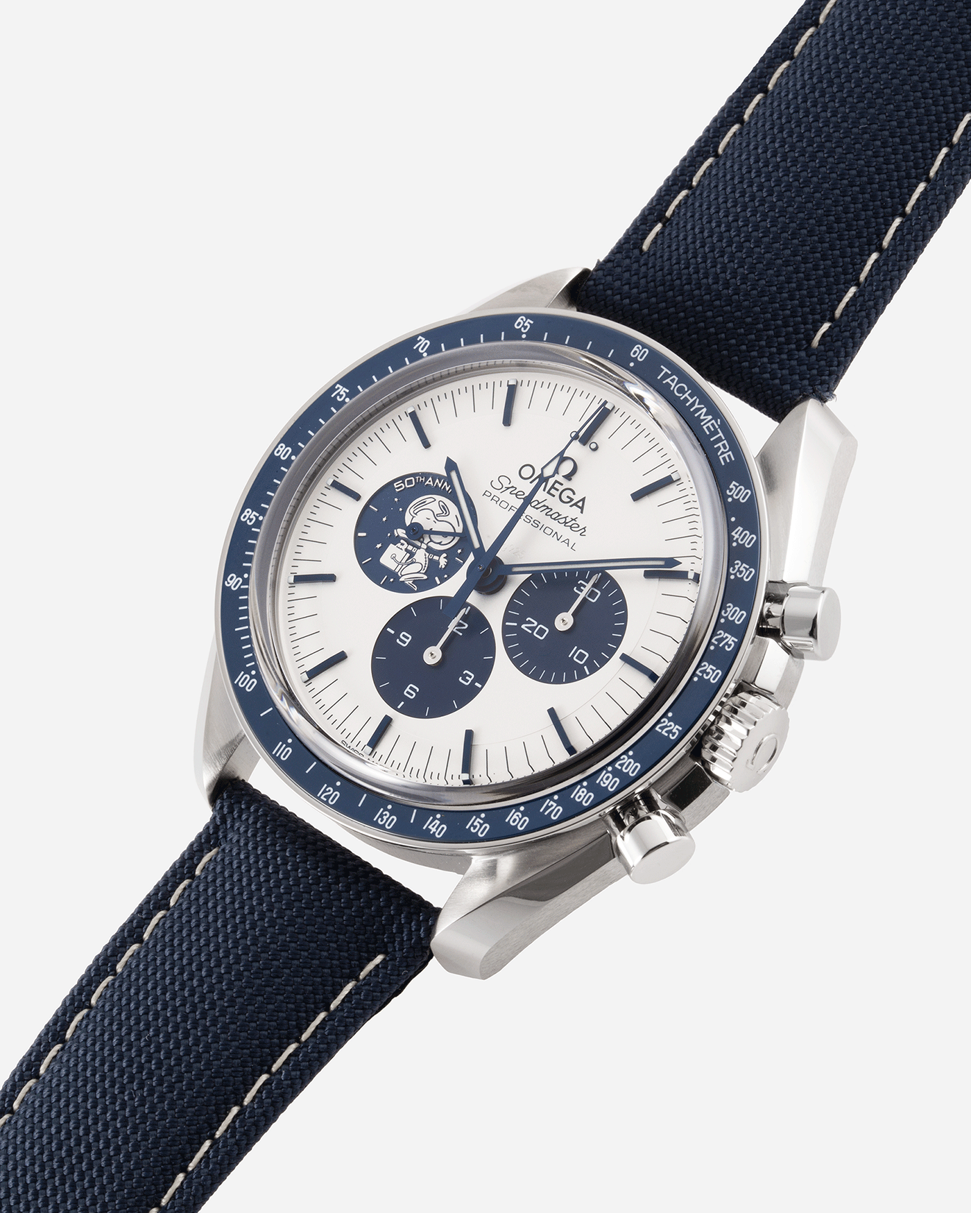 Brand: Omega Year: 2021 Model: Speedmaster Silver Snoopy Award 50th Anniversary Reference Number: 310.32.42.50.02.001 Material: Stainless Steel Movement: Omega in-house Cal. 3861 Case Diameter: 42mm Bracelet/Strap: Omega Blue Coated Nylon Fabric Strap with Omega Stainless Steel Tang Buckle