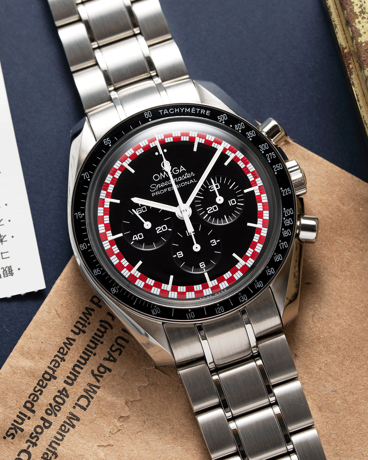 Brand: Omega Year: 2017 Model: Speedmaster Racing ‘Tin Tin’ Reference Number: 311.30.42.30.01.004 Material: Stainless Steel Movement: Omega in-house Cal. 1861 Case Diameter: 40mm Bracelet/Strap: Omega Speedmaster Bracelet