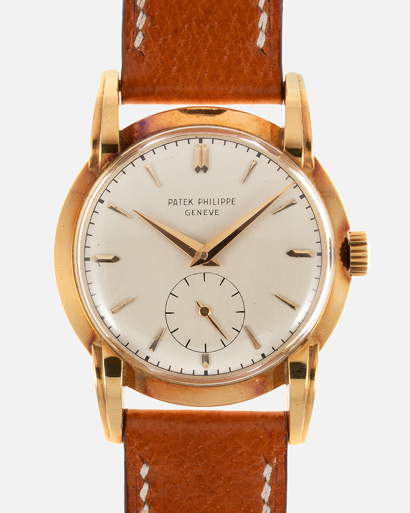 Brand: Patek Philippe Year: 1940 - 1950s Reference Number: 2429 Material: 18-carat Yellow Gold Movement: Cal. 10-200, Manual-Winding Case Diameter: 33mm Bracelet/Strap: Light Brown Nostime Calf Strap with 18k Patek Philippe 18-carat Yellow Gold Tang Buckle