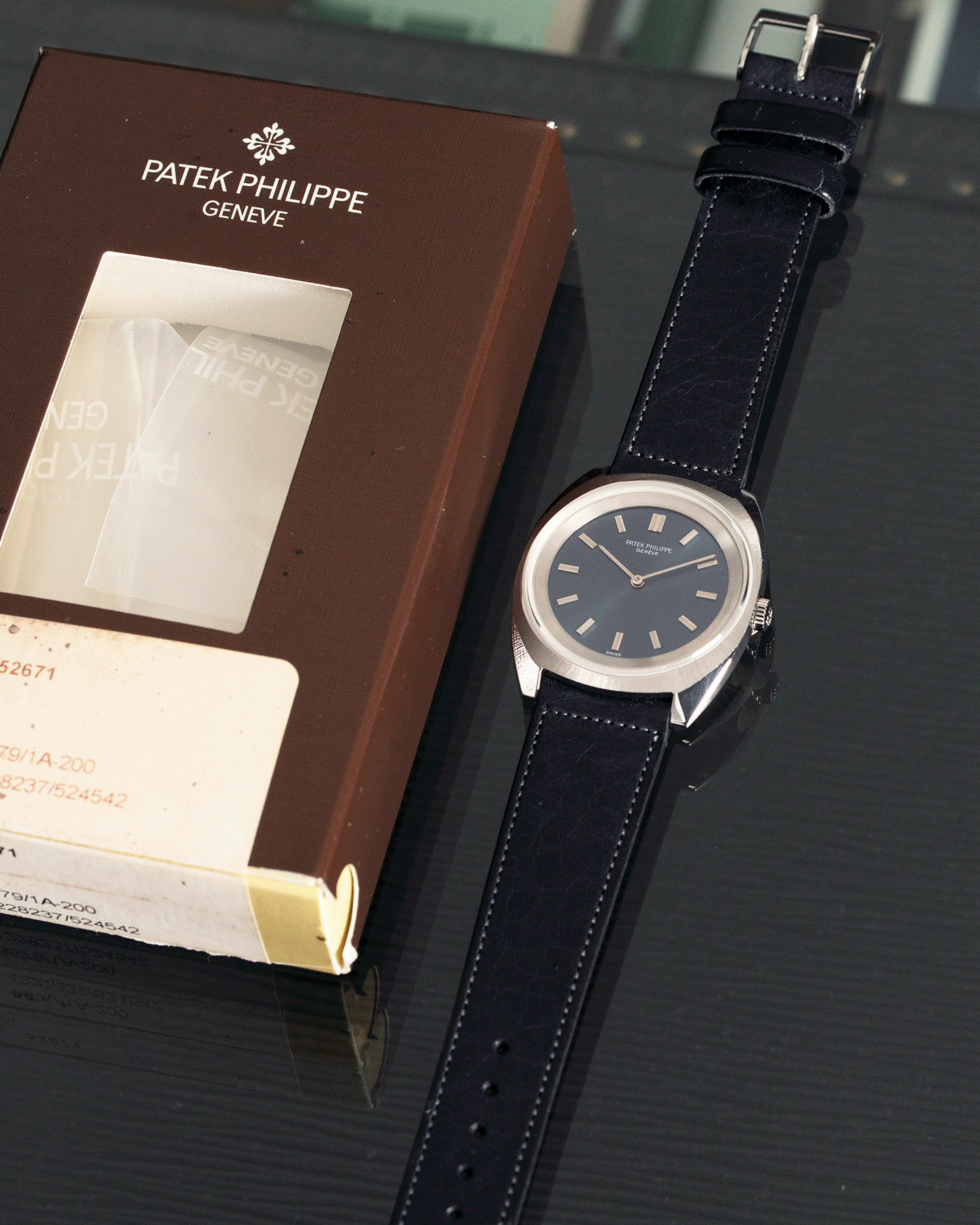 Brand: Patek Philippe Year: 1970s Reference: 3579 Material: Stainless Steel Movement: Cal 23-300 Case Diameter: 33mm Strap: Accurate Form Navy Blue Japanese Calf