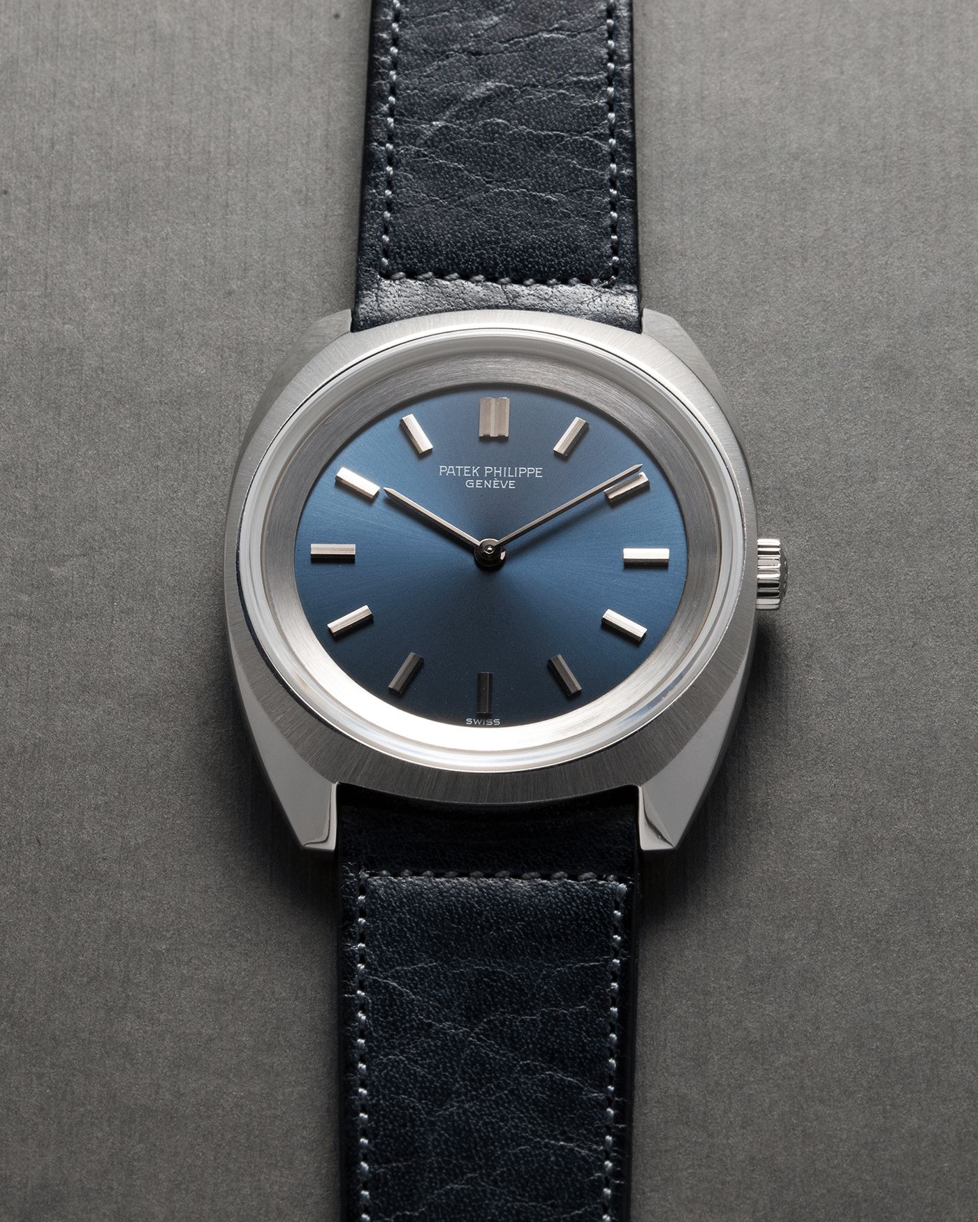Brand: Patek Philippe Year: 1970s Reference: 3579 Material: Stainless Steel Movement: Cal 23-300 Case Diameter: 33mm Strap: Accurate Form Navy Blue Japanese Calf